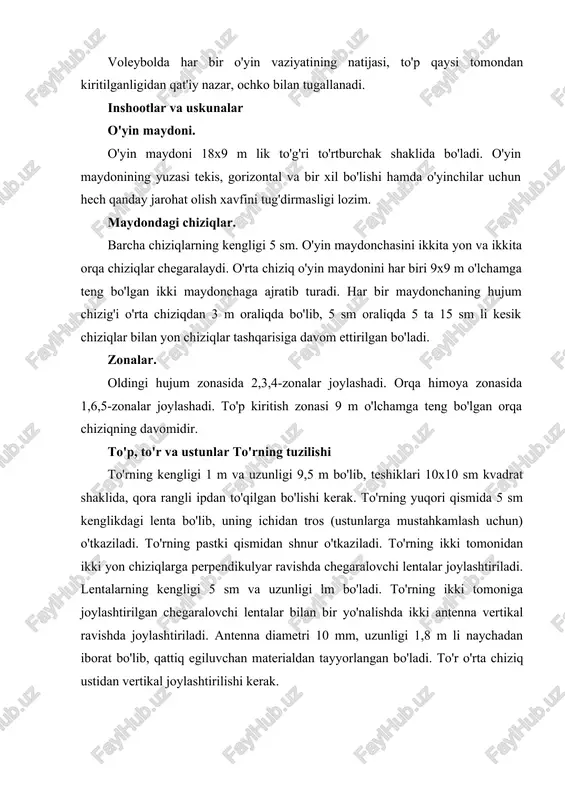 masiga olishi mumkin. birinchi hakam chiqargan qarorni muhokama qilishga yo'l qo'yilmaydi. lekin jamoa sardori iltimosiga ko'ra u o'z qaroriga izoh berishi mumkin. birinchi hakam o'yindan oldin maydon, to'p va boshqa uskunalar holatini nazoratdan o'tkazadi. jamoa sardorlari bilan qur'a tashlashni uyushtiradi. o'yin davomida faqat birinchi hakam quyidagilar bo'yicha qaror chiqarish huquqiga ega: jamoalarni ogohlantirish; jazolash; to'p kirituvchining xatosi; to'p kirituvchi jamoa a'zolarining joylashishidagi xatosi bo'yicha; to'p bilan o'ynash xatolari bo'yicha; to'r va uning ustida ro'y beradigan xatolar bo'yicha; orqa chiziq o'yinchilari va «libero»ni hujum zarbasi; «libero»ni oldingi zonadan yuqoridan uzatilgan to'piga hujum zarbasi qo'llanilganda. ikkinchi hakam vakolatlari ikkinchi hakam birinchi hakam ro'parasidagi voleybol ustuni ortida birinchi hakamga qaragan holda tik turib joylashadi. u zaxiradagi o'yinchilarni kuzatib turadi; tanaffus olish va o'yinchi almashtirishga ruxsat beradi; o'yin oldidan, har bir partiya oldidan o'yinchilarning maydondagi joylashuvini nazorat qilib turadi. o'yin vaqtida hushtak chaladi va ishora bilan quyidagilar bo'yicha qaror qabul qiladi: o'yinchi maydon va …