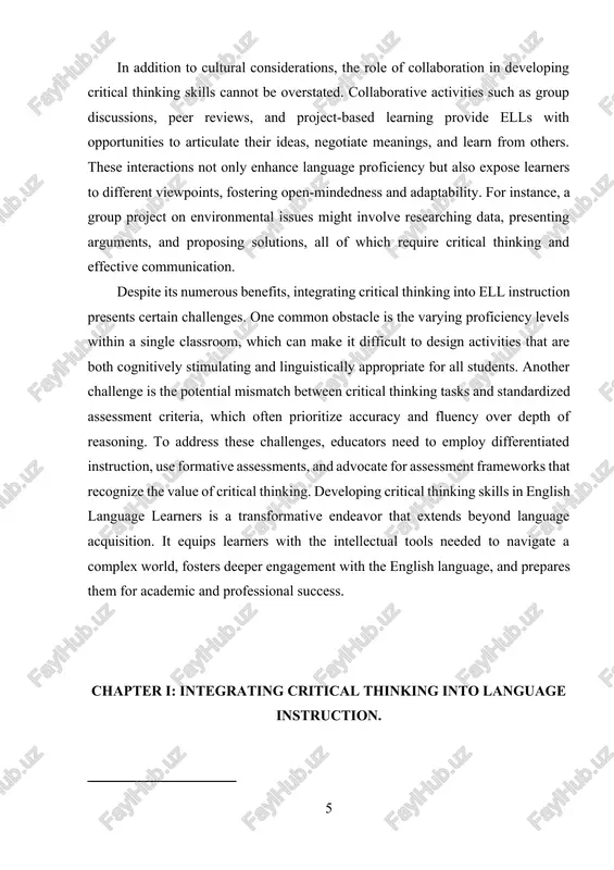 .] 1.1 purpose of a theoretical framework guides research design: it helps determine what to study, how to structure the investigation, and how to interpret findings. connects to existing knowledge: relates your research to prior studies and established theories. explains relationships: demonstrates the connections between independent (teaching strategies) and dependent variables (critical thinking skills development). provides justification: justifies why a particular approach is suitable for addressing the research problem. components of a theoretical framework; relevant theories: bloom's taxonomy of cognitive skills: this hierarchical model categorizes cognitive skills from basic (remembering, understanding) to advanced levels (analyzing, evaluating, creating). it provides a foundation for designing activities that foster critical thinking. sociocultural theory (vygotsky): highlights the role of social interaction and cultural tools in learning. for ells, collaborative activities and scaffolding are crucial in developing both language and critical thinking. constructivism (piaget and bruner): emphasizes active learning where students construct knowledge through experiences. …