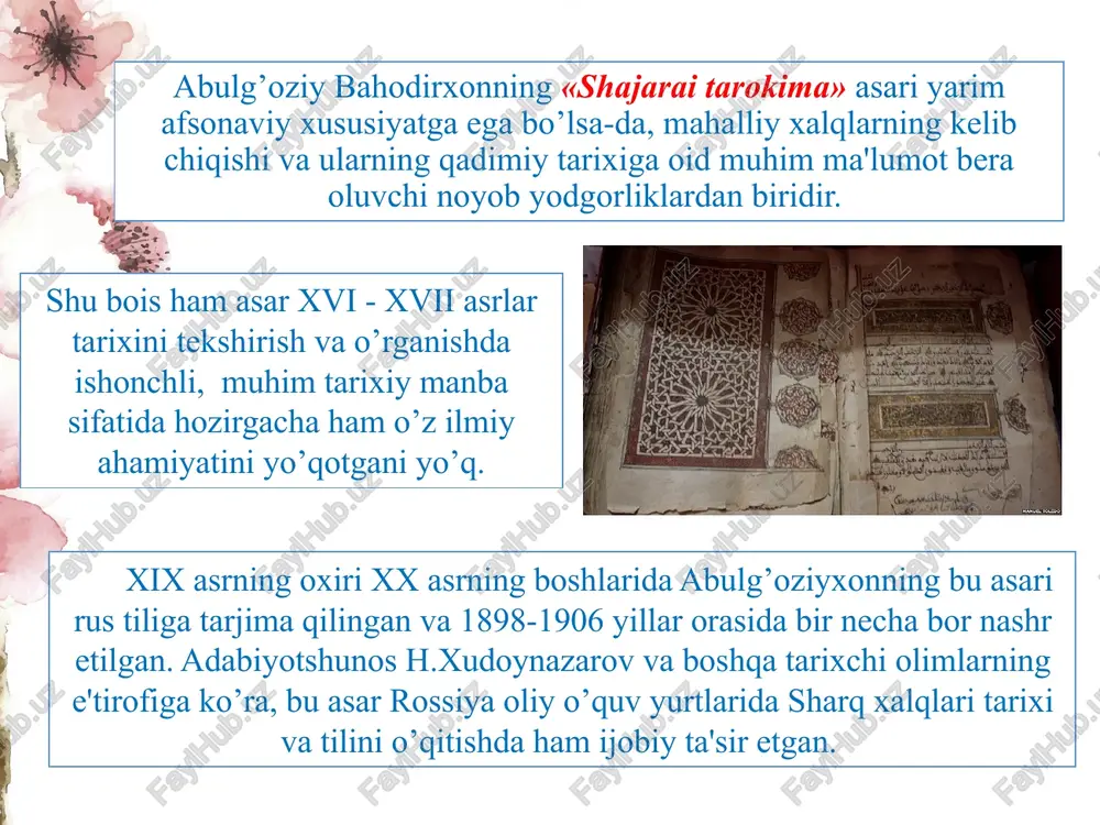 manba sifatida ahamiyati tarixiy maʼlumotlar: turk va moʻgʻul xalqlari tarixi, xiva xonligi siyosiy hayoti etnografik maʼlumotlar: urugʻ-qabila tuzilmalari, urf-odatlar ijtimoiy-iqtisodiy maʼlumotlar: xorazmning ijtimoiy-iqtisodiy ahvoli 6. adabiy ahamiyati badiiylik: maqol, ertak, hikoyatlardan foydalanish tasviriy vositalar: oʻxshatish, tashbeh, kinoya qahramonlar tasviri: tarixiy shaxslarning obrazli tasviri til va uslubiy xususiyatlar leksika: xalq tiliga yaqin soʻzlar, iboralar sintaksis: sodda va ravon gap tuzilmalari stilistik xususiyatlar: oʻziga xos uslub, xalqona ifodalar 8. ilmiy ahamiyati tarixiy manba sifatida: turk xalqlari tarixini oʻrganishda asosiy manba etnologik tadqiqotlar uchun: urugʻ-qabila tuzilmalari, etnonimlar tilshunoslik uchun: oʻzbek tilining tarixiy rivojlanishini oʻrganishda muhim tarjimalar va nashrlar tarjimalar: rus, fransuz, nemis tillariga tarjima qilingan nashrlar: turli yillarda nashr etilgan, qoʻlyozma nusxalari mavjud saqlanayotgan joylar: toshkent, ashxobod, sankt-peterburgdagi fondlar 10. “boburnoma” bilan qiyosiy tahlil janr jihatidan: har ikkisi memuar xarakteriga ega yozilish uslubi: “boburnoma” muallif tomonidan yozilgan, “shajarayi turk” ogʻzaki aytilgan va kotiblar tomonidan yozilgan badiiylik: har ikkisi badiiy tasvirlarga boy xiva xonligi …