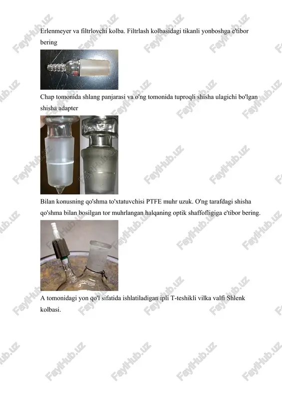 hun ishlatiladigan tor bo'yinli shisha idishlar, odatda konus shaklida yoki sharsimon. flakonlarga misollar erlenmeyer kolbasi, florensiya kolbasi va shlenk kolbasi. · shishalar odatda reaktivlarni yoki namunalarni saqlash uchun ishlatiladigan tor teshiklari bo'lgan idishlardir. kichik butilkalar deyiladi shisha idishlar. · idishlar muhrlanishi mumkin bo'lgan keng teshiklari bo'lgan silindrsimon idishlardir. qo'ng'iroq idishlari vakuumlarni o'z ichiga olish uchun ishlatiladi. · sinov naychalari tomonidan ishlatiladi kimyogarlar ozgina miqdorda qattiq yoki suyuq kimyoviy moddalarni ushlab turish, aralashtirish yoki isitish uchun sifatli tajribalar va tahlillar · quritgichlar shisha konstruktsiyasi materiallarni quritish yoki quruq holda saqlash uchun ishlatiladi. · shisha bug'lanib ketadigan idishlar, kabi soat ko'zoynagi, avvalambor bug'lanadigan sirt sifatida ishlatiladi (garchi ular stakanni yopish uchun ishlatilishi mumkin bo'lsa). · shisha petri idishlari tirik hujayralarni etishtirish uchun ishlatiladi. · mikroskop slaydlari buyumlarni mikroskop ostida saqlash uchun ishlatiladigan ingichka chiziqlar. o'lchov uchun ishlatiladigan shisha idishlarga quyidagilar kiradi: · bitirilgan ballonlar volumetrik o'lchovlar uchun ishlatiladigan silindrsimon idishlardir. · volumetrik …