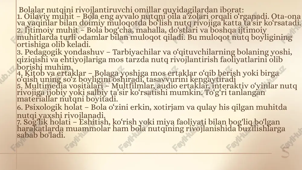 i tufayli bola atrof hayot haqida ko‘proq ma’lumot oladi.acha; 4.9 — 10 oylikdan 1 yoshgacha. 16 xulosa. ilk bolalik davri bolaning nutqi rivojlanishi uchun eng muhim davri hisoblanadi . bolalarda bu davrda bilish jarayonlari jadal rivojlanadi, aynan shudavrda bola atofdagi barcha predmet va hodisalar bilan tanishadi bunda nutqning ahamiyati juda katta ,bu davrda ota-onalardan juda e’tiborli bo’lish talab etiladi. bolada hali nutq shakllanmay turib ubilan muloqod qilishuning rivojlanishida ijobiy o’sishlargasabab bo’ladi .nutq orqali bolaning tafakkurini rivojlanadi. bola bilan muloqod qilishularni fikirlashga ,o’z fikirlarining kuchuni his qilishga undaydi.go’daklikda o’rganilgan xulq,xatti-harak va fikirlash usuli bolaning hayoti qanday bo’lishini belgilab beradi va u bilan bir umr qoladi. 17 foydalanilgan adabiyotlar 1.“uchgacha aynivaqti”masura ibuka 2.“bolalar tafakkurqudrati”jon kexo, nensi fisher 3.“yosh davrlari va pedagogic psixologiya” sh.a.do’stmuhammedova, x.a.tillashayxova,b.baykunusova,g.ziyavitdinova 4. muzaffarova, x. (2021). aqli zaiflik tushunchasi talqinidagi nazariy xatolarning salbiy oqibatlari. jurnal pedagogiki i psixologii v sovremennom obrazovanii, (2). 5. muzaffarova, x. (2020). oquvchilar savodxonligini oshirishda didaktik …