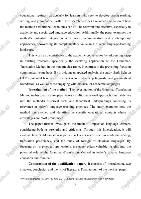 e modern classroom, in contrast to the prevailing focus on communicative methods. by providing an updated analysis, the study sheds light on gtm's potential benefits for learners who need a deep linguistic and grammatical foundation, as well as those engaging with classical or academic languages. investigation of the method: the investigation of the grammar-translation method in this qualification paper takes a multidimensional approach. first, it delves into the method's historical roots and theoretical underpinnings, assessing its relevance in today’s language teaching practices. the study examines how the method has evolved and identifies the specific educational contexts where its advantages are most pronounced. the paper further investigates the method's impact on language learners, considering both its strengths and criticisms. through this investigation, it will evaluate how gtm can address particular learner needs, such as academic writing, translation proficiency, and the study of foreign or classical languages. by focusing on its practical …