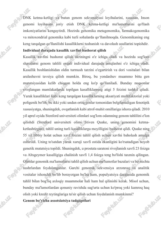 ing genom tahlilini e'lon qilishdi (stenford universiteti olimi stiven quake, uning genomini ketma-ketlashtirgan); tahlil uning turli kasalliklarga moyilligini bashorat qildi. quake ning 55 xil tibbiy holat uchun xavf foizini tahlil qilish uchun xavfni baholash amalga oshirildi. uning to'satdan yurak xuruji xavfi ostida ekanligini ko'rsatadigan noyob genetik mutatsiya topildi. shuningdek, u prostata saratoni rivojlanish xavfi 23 foizga va altsgeymer kasalligiga chalinish xavfi 1,4 foizga teng bo'lishi taxmin qilingan. olimlar genomik ma'lumotlarni tahlil qilish uchun ma'lumotlar bazalari va bir nechta nashrlardan foydalanganlar. garchi genomik sekvensiya arzonroq va analitik vositalar ishonchli bo'lib borayotgan bo'lsa ham, populyatsiya darajasida genomik tahlil bilan bog'liq axloqiy muammolar hali ham hal qilinishi kerak. misol uchun, bunday ma'lumotlardan qonuniy ravishda sug'urta uchun ko'proq yoki kamroq haq olish yoki kredit reytinglariga ta'sir qilish uchun foydalanish mumkinmi? genom bo'yicha assotsiatsiya tadqiqotlari 2005 yildan beri genom bo'ylab assotsiatsiya tadqiqoti yoki gwas deb nomlangan tadqiqot turini o'tkazish mumkin bo'ldi. gwas - bu kasalliklarni …