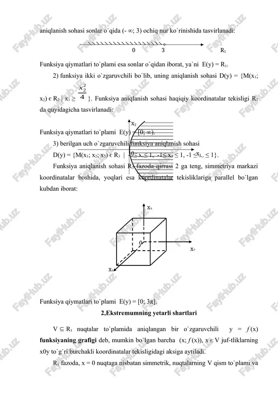 ushbu holda, agar v1 = d(y) bo`lsa, y = f (m) funksiya aniqlanish sohasida chegaralangan deyiladi va uning qiymatlari to`plami chegaralangan sonlar to`plamidan iborat bo`ladi. agar y = f (m) funksiya v1 to`plamda yuqoridan (quyidan) chegaralanmagan bo`lsa, v1 to`plamga tegishli {mk} nuqtalar ketma-ketligi mavjudki, () munosabat o`rinlidir. misollar: 1) bir o`zgaruvchili y = x2 funksiya aniqlanish sohasi r1 da quyidan chegaralangan funksiyadir, chunki e(y)=[0; ∞); 2) ikki o`zgaruvchili funksiya o`z aniqlanish sohasi d(y) = {m(x1; x2) є r2 | x12 + x22 ≤ 1} to`plamda chegaralangandir, chunki e(y) = [0; 1]. y = f (m) funksiya qavariq v rn nuqtalar to`plamida aniqlangan bo`lsin. v qavariq to`plamga tegishli har qanday ikki m1(x1; x2; …; xn) va m2(u1; u2; …; un) nuqtalar va ixtiyoriy 0 ≤ α ≤ 1 son uchun f (p) ≤ α f (m1) + (1-α) f (m2) (f (p) ≥ α f (m1) + (1–α) f (m2)) tengsizliklar …