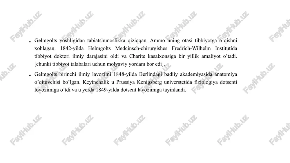 i assotsiatsiya (bog`lanish)lar, diqqat va oddiy his-tuyg`ular o`rganilgan. psixofizyologiyaning jadal rivojlanishi olimlar tomonidan sanoat va xizmat ko'rsatish sohasidagi kadrlarga bo’lan ehtiyoj tufayli kun tartibidagi asosiy muammoga aylanishi natijasida,ingliz, nemis va amerikalik olimlarning sa'yharakatlari psixotexnikani rivojlantirdi va insonning fiziologik xususiyatlarini texnikani boshqarishdagi masalalarini hal qilinishiga yo’l ochdi. 1891-da nemis olimi myunsterberg bir qator psixofizyologik testlarni taklif qildi va ba'zi mutaxassisliklar bo'yicha ta'lim olish uchun nomzodlarni tanlashda amaliyotga joriy qildi. ushbu tadbirlar natijasida mashina va uskunalarni ishlatish bilan bog'liq baxtsiz hodisalar soni bir necha marta kamaydi. 1910-da hugo munsterberg texnik tizimni boshqaruvchi shaxsning qobiliyatliligi, uning psixofizyologik fazilatlari va boshqalardan farqlovchi "shaxsiy (shaxsiy) omil" tushunchasini ishlab chiqdi. image1.png image2.png image3.png image4.png image5.png image6.png image7.jpeg image8.png image9.png image10.png image11.png image12.png image13.png image14.png 4 phe i /docprops/thumbnail.jpeg mavzu: g.gelmgolts- psixofiziologiyaning asoschisi sifatida °