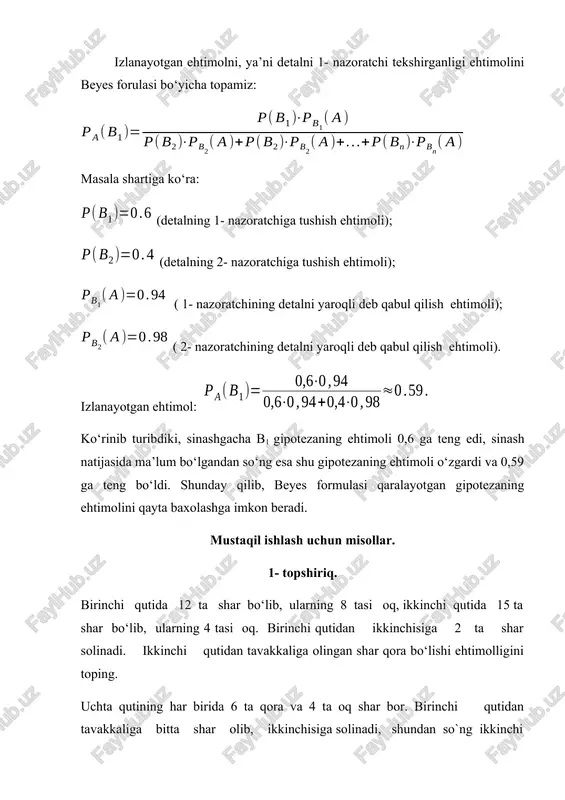 moslamali miltiqdan nishonga tekkazish ehtimolligi 0,9 ga, moslamasiz miltiqdan esa 0,75 ga teng. mergan tavakkaliga olgan miltiqdan ikkita o‘q uzdi. u ikkala holda adm nishonga tekkazganligining ehtimolligini toping. tirda beshta miltiq bo‘lib, ulardan nishonga tekkazish ehtimolliklari 0,5; 0,6; 0,7; 0,8; 0,9 ga teng. tavakkaliga olingan miltiqdan bir marta o‘q uzishda nishonga tekkazish ehtimolligini aniqlang. birinchi qutida 1 ta oq va 9 ta qora shar, ikkinchi qutida 1 ta qora va 5 ta oq shar bor. har qaysi qutidan bittadan shar olib tashlandi va qolgan hamma sharlarni uchinchi qutiga solindi. uchinchi qutidan olingan shar oq bo‘lishi ehtimolligini toping. avtobus parkidan 1-nomerdagi 6 ta, 2-nomerdagi 4 ta va 3- nomerdagi 10 ta avtobus chiqib ketdi. ikkinchi bo‘lib chiqqan avtobusning 1- nomerli bo‘lishi ehtimolligini toping. asboblar ikkita zavodda tayyorlanadi. birinchi zavod barcha maxsulotning 2/3 kismini tayyorlaydi, ularning 5%i yaroqsiz, ikkinchi zavod 1/3 kismini tayyorlaydi, ularning 7%i yaroqsiz. yaroqli detal olingani ehtimolligini toping. asbob …