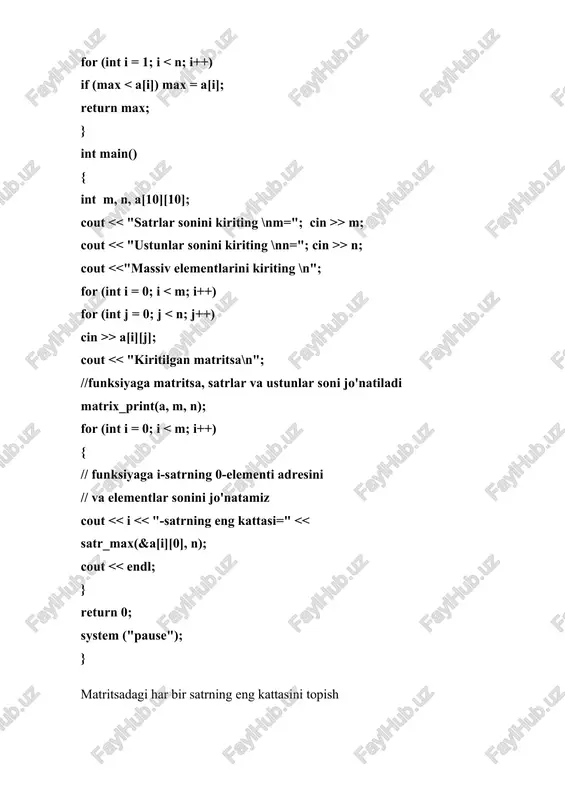 di, lekin bunda write yoki writeln operatorlari kullaniladi. for i: =1 to 4 do writeln (a[i]); { a massivi elementlari kiymatini chiqarish} yoki for i: =1 to 10 do for j:= 1 to 15 do writeln (v[i,j]); { b massivi elementlari kiymatini chiqarish} misol: 5 ta elementdan xosil bulgan x massivining elementlarini kiriting. xar bir elementning kvadrati va ildizini ekranga chiqaring. yechilishi: program p7_2; var sum,i: integer; sr: real; x: array[1..5] of integer; kor, kv: array[1..5] of real; { natija kasr yoki integer bulishi mumkin } begin sum:=0; writeln('5 ta butun kiymatlarni kiriting: '); for i:= 1 to 5 do begin write('i- sonni kiriting: '); readln(x[i]); kor[i]:= sqrt(x[i]); { ildizni xisoblash } kv[i]:= sqr(x[i]); { kvadratini xisoblash } end; for i:= 1 to 5 do write(kor[i]:8:2); writeln; for i:= 1 to 5 do write(kv[i]:8:2); readln; end. massivlar bilan ishlashda konstantalar xam ishlatilishi mumkin. const g1 = 4; g2 = 6; …