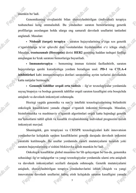 ogiyalarining birlashishi onkologik kasalliklarni yanada chuqur o‘rganish imkonini bermoqda. masalan, bioinformatika va mashinaviy o‘rganish algoritmlari orqali katta hajmdagi genetik ma’lumotlarni tahlil qilish va kasallik rivojlanishining individual prognozini tuzish imkoniyati mavjud. shuningdek, gen terapiyasi va crispr texnologiyalari kabi innovatsion yondashuvlar kelajakda saraton kasalliklarini genetik darajada davolash imkonini yaratishi kutilmoqda. bu usullar yordamida zararli mutatsiyalarni tuzatish yoki saraton hujayralarining o‘sishini blokirovka qilish mumkin bo‘ladi. onkologik kasalliklar global muammo bo‘lib qolayotgan bo‘lsa-da, genomika sohasidagi ilg‘or tadqiqotlar va yangi texnologiyalar yordamida ularni erta aniqlash va davolash imkoniyatlari sezilarli darajada oshmoqda. genetik mutatsiyalarni aniqlash, shaxsiylashtirilgan terapiya yondashuvlarini ishlab chiqish va yangi innovatsion davolash usullarini tatbiq etish kelajakda saraton kasalligini yanada samarali boshqarishga imkon yaratadi. shu bois, genomika onkologik kasalliklarni davolashdagi eng istiqbolli yo‘nalishlardan biri hisoblanadi. saraton kasalliklari organizmdagi turli to‘qimalarda rivojlanishi mumkin bo‘lib, ularning har biri o‘ziga xos genetik o‘zgarishlar bilan bog‘liq. quyida eng keng tarqalgan onkologik kasalliklarning genetik asoslari va ularga genomikaning ta’siri keltirilgan: …