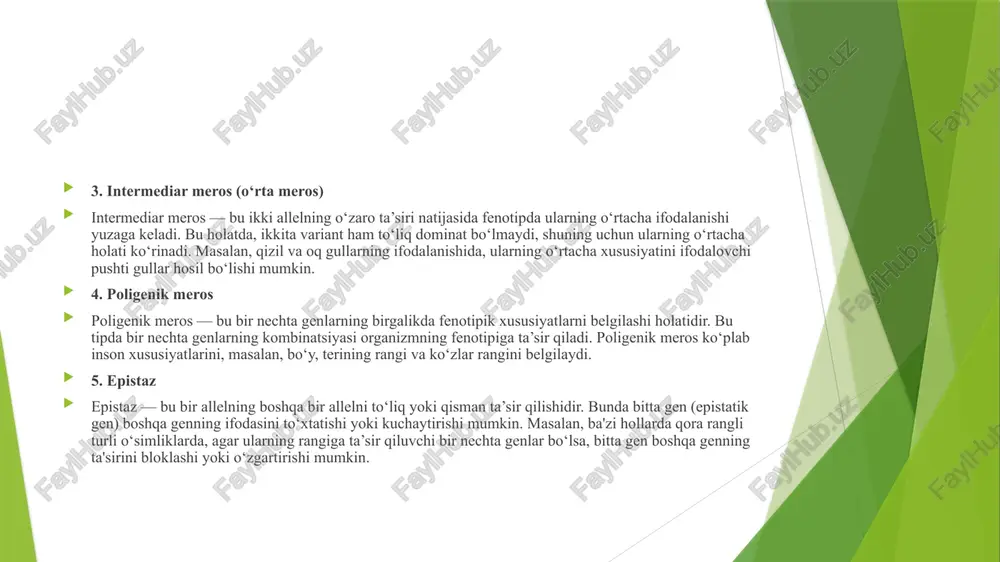 ktsiyada yangi yondashuvlarni yaratish uchun zamin yaratadi. bu holat, nafaqat biotexnologiya va tibbiyot sohalarida, balki ekologiya, evolyutsiya va selektsiya jarayonlarida ham dolzarb ahamiyatga ega. foydalangan adabiyotlar. abdullayev sh. genetika asoslari. toshkent, 2020 abduqodirov s. biotexnologiya va genetika. toshkent, 2021 anvarov a. genetika va uning tadqiqot usullari. samarqand, 2019 bo‘riyev m. genetik kasalliklar va ularning davolash usullari. toshkent, 2018 g‘afurov b. molekulyar genetika. toshkent, 2017 jalolov a. inson genomining o‘rganilishi. buxoro, 2020 karimov m. genetik manipulyatsiyalar va etik masalalar. toshkent, 2022 khamidov r. biotexnologiyaning rivojlanishi. farg‘ona, 2019 mirzaev n. genetik o‘zgarishlar va ularning ekologik ta’siri. toshkent, 2021 nosirov d. genetik o‘zgarishlar va qishloq xo‘jaligi. andijon, 2020 etiboringiz uchun raxmat. image1.jpeg image2.jpeg [p| @| @ p avloddagi har bir gomozigota o'simlik faqat bir turdagi gameta hosil giladi sariq yashil gametalar y > &} no | [fal - sariq sariq y © & _._ sariq | yashil | *ve fenotiplar genotiplar ; yy …