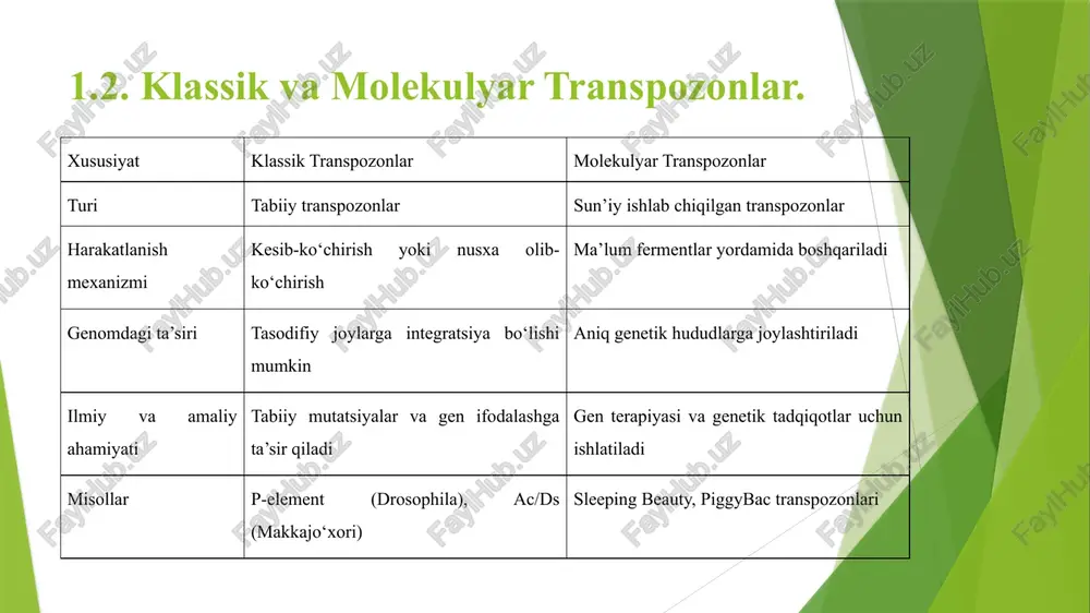 illashtirish. qishloq xo‘jaligi transpozonlar yordamida yuqori hosilli va kasalliklarga chidamli o‘simliklar yaratish. farmatsevtikada transpozonlar orqali genetik darajada modifikatsiya qilingan dorilar ishlab chiqish. ushbu kurs ishi orqali transpozonlarning ilmiy va amaliy jihatlari chuqur o‘rganildi hamda ularning genetik tadqiqotlarda tutgan o‘rni aniqlandi. foydalanilgan adabiyotlar 1. makklintok, b. (1950). makkajo‘xorida o‘zgaruvchan lokuslarning kelib chiqishi va xulq-atvori. fan va texnika akademiyasi materiallari, 36(6), 344-355. 2. feshotte, k., & pritham, e. j. (2007). dnk transpozonlari va eukariot genomlarining evolyutsiyasi. genetika bo‘yicha yillik sharhlar, 41, 331-368. 3. krey, n. l., kreyg, r., gellert, m., & lambovits, a. m. (2002). harakatchan dnk ii. asm press, vashington. 4. reznikoff, w. s. (2003). tn5 transpozitsiya modeli sifatida dnk transpozitsiyasini tushunish. molekulyar mikrobiologiya, 47(5), 1199-1206. 5. plasterk, r. h., izsvák, z., & ivics, z. (1999). tc1/mariner superoilasining harakatchan elementlari. genetika rivojlanish yo‘nalishlari, 15(8), 326-332. 6. karimov, a. r. (2015). gen muhandisligi va biotexnologiya asoslari. toshkent: fan va texnologiya nashriyoti. ilmiy …