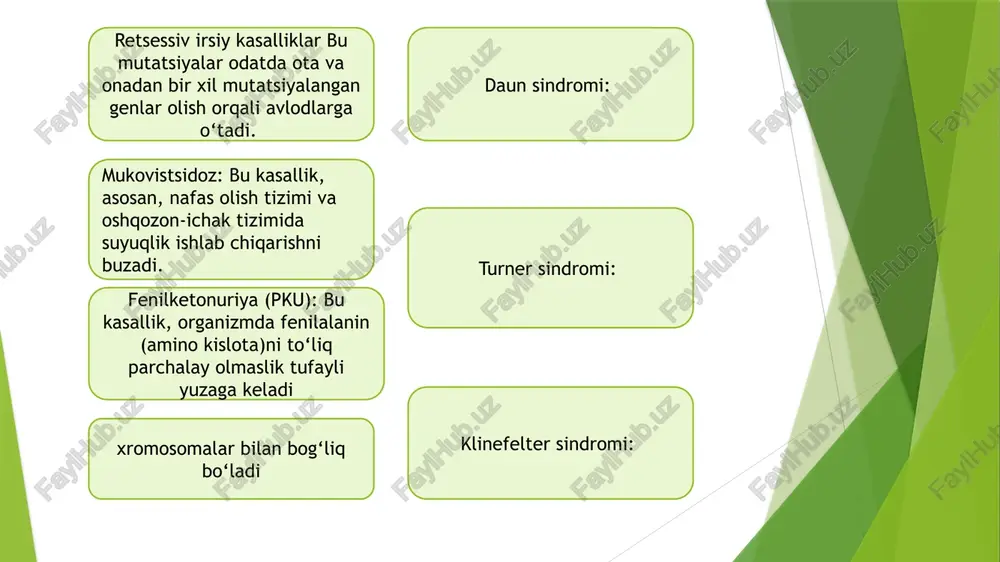 a. genetik diagnostika va kasalliklarni aniqlash. buxoro: ma’naviyat, 2019. 19.qarshiyev b. genetik tahlillar va shaxsiylashtirilgan davolash. qarshi: shifo, 2021. 20.safarov a. genetik tahlil metodlari va ularning tibbiyotda qo‘llanilishi. farg‘ona:shifo, 2021. 21.saidov m. genomika va farmakogenetika. toshkent: tibbiyot, 2020. 22.tursunov r. genomika va irsiy kasalliklarni aniqlash. toshkent: shifokor, 2020. 23.usmonov i. irsiy kasalliklar va genetik diagnostika. nukus: xalq nashri, 2019. 24.xo‘jaev e. genetik tahlillar va ularning tibbiyotda ahamiyati. samarqand: shifo, 2020. 25.yusupov a. irsiy kasalliklar va genetik terapiya. toshkent: o‘qituvchi, 2022. 26.zaynobiddinov s. genetik tahlil va zamonaviy yondashuvlar. farg‘ona: sog‘liq, 2021. e’tboringiz uchun rahmat . image1.png sog'‘lom ota so8'l m tashuvchi ona x-xromosomaga dominant birikkan allel = —® gi——retsessiv allel xy xx dkasallangan l1sog'iom ) | as ' au xx xy xx sog'lom kasallapgen pe ey qiz qiz /docprops/thumbnail.jpeg