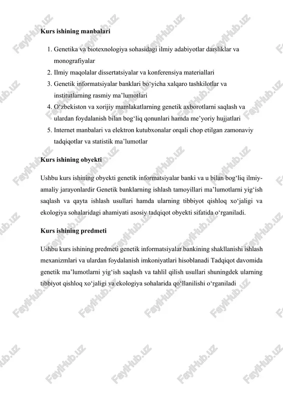 day tizimni anglatadi.[footnoteref:1] ko'p turli xil gen banklari turli maqsadlar uchun yaratilgan. ehtimol, eng ko'p gen banklari mikrob banklari deb nomlanuvchi o'simlik urug'laridan iborat bo'lganlardir. [1: national human genome research institute. human genetic data banks and their role in biomedical research. [elektron resurs] – rejim kirish: https://www.genome.gov] gen bankini tashkil etishning asosiy maqsadi yo'qolib ketish yoki yo'qolib ketish xavfi ostida turgan turlarning namunalarini saqlab qolishdir . har yili ko'p sonli o'simlik va hayvon turlari tabiiy jarayonlar va ko'pincha inson faoliyati natijasida yo'q bo'lib ketadi. ushbu turlar yo'qolib ketganidan keyin ularning genofondi abadiy yo'qoladi. olimlar bu genofondlarni bir qancha sabablarga ko‘ra saqlab qolishni istashadi. masalan, qishloq xo‘jaligi so‘nggi yarim asrda dunyoning ko‘plab mamlakatlarida keskin inqilobni boshdan kechirmoqda. olimlar fermerlarga kattaroq o'sadigan, ko'proq meva beradigan, kasalliklarga chidamli va boshqa kerakli xususiyatlarga ega o'simliklarni taqdim etishdi. bu o'simliklar qo'shma shtatlar va boshqa mamlakatlarda qishloq xo'jaligi tadqiqotlari natijasida ishlab chiqarilgan . bunday o'simliklar fermerlar …