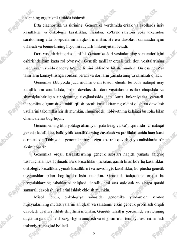 umkin bo‘ladi. genomika tibbiyotda shaxsiylashtirilgan yondashuvning rivojlanishiga katta hissa qo‘shmoqda. shaxsiylashtirilgan tibbiyotda bemorning genetik profili asosida davolash rejasi ishlab chiqiladi. har bir insonning genetik tuzilishi o‘ziga xos, shuning uchun standart davolash usullari barchaga mos kelmasligi mumkin. genetik testlar orqali bemorning kasallikka qarshi qanday reaktsiya qilishi haqida aniq ma'lumot olish mumkin. shaxsiylashtirilgan davolash usullari, ayniqsa, onkologiya, kardiologiya va neyrologiyada samarali bo‘lishi mumkin. masalan, saraton kasalligini davolashda, bemorning genomik profili asosida qanday dorilar samarali bo‘lishi va qanday terapiya usullari yaxshiroq ta'sir ko‘rsatishini aniqlash mumkin. farmakogenomika — bu dori vositalarining organizmdagi genetik ta'sirini o‘rganadigan fan sohasidir. genomika yordamida dori vositalarining qaysi genetik variantlarga asoslangan holda samarali yoki zararli ta'sir qilishini aniqlash mumkin. bu, o‘z navbatida, dori vositalarining samaradorligini oshirish va nojo‘ya ta'sirlarni kamaytirishga yordam beradi. farmakogenomika yordamida dori vositalarini individual tarzda tanlash, bemorning genetik profiliga asoslangan holda davolashni osonlashtiradi. bu esa dori terapiyasining samaradorligini oshiradi va bemorning hayotini saqlash imkoniyatini yaratadi. genomika tibbiyotda …