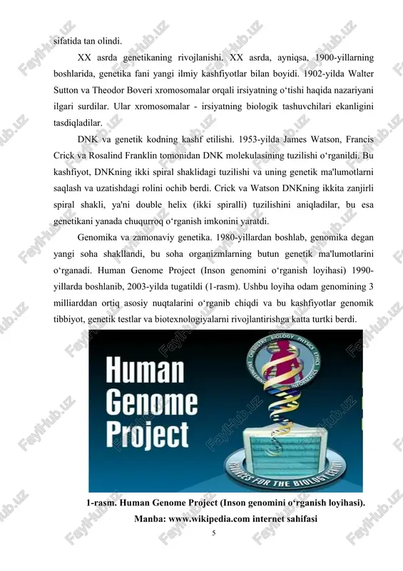 an. keling, ularning ayrimlarini batafsil ko‘rib chiqaylik. xx asrning ikkinchi yarmida genetika fani tibbiyotda ham muhim rol o‘ynay boshladi. genetik kasalliklar haqida tushunchalar rivojlana boshladi va ularning tasnifi o‘zgardi. xususan, xromosomalar sonining o‘zgarishi (masalan, dajn sindromi), mukozal fibroz kabi genetik kasalliklar genetikaning tibbiyotdagi o‘rni haqida to‘liq tushunchalarni berdi. gen terapiyasi - bu kasalliklarning davolash usullarini yangilash va mutatsiyalangan genlarni to‘g‘rilashda yangi imkoniyatlarni yaratadi. gen terapiyasi yordamida dnkga o‘zgartirishlar kiritish orqali organizmning genetik tizimini tuzatish va sog‘lom funksiyalarni tiklash mumkin bo‘ladi. ayniqsa, bu usul orqasida tibbiy innovatsiyalar rivojlanib bormoqda va o‘ta og‘ir genetik kasalliklarni davolashda keng qo‘llanilmoqda. genetika, selektsiya ilmiga ham katta ta’sir ko‘rsatdi. o‘simliklar va hayvonlar selektsiyasida genetikaning roli katta. xususiyatlarini yaxshilash uchun selektsiya ishlari amalga oshiriladi, bu esa hosildorlikni oshirish, kasalliklarga chidamli navlar yaratish va oziq-ovqat xavfsizligini ta'minlashga yordam beradi. xx asrning o‘rtalarida genetik muhandislik yordamida yangi o‘simliklar va hayvonlar navlari yaratildi. masalan, genetik modifikatsiya qilingan o‘simliklar (gmo) yordamida …
