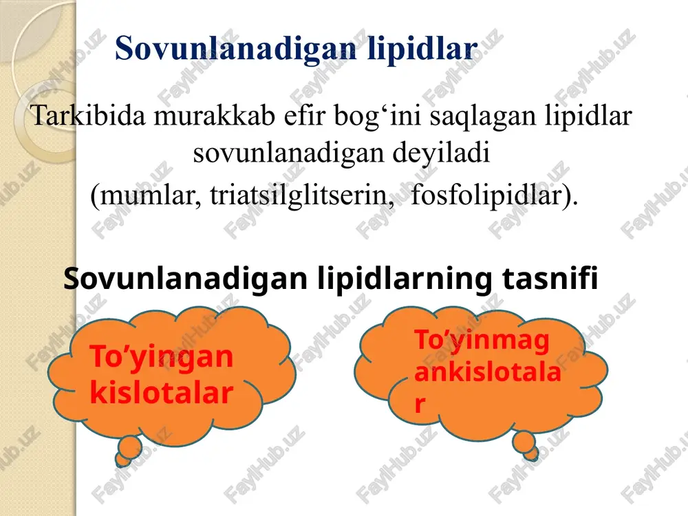 bgs ie ciss cyhecqoh -linolen i615 1312 10 9 7 3 hac. avy a cis.s cjgh3,cooh_ -araxidon ww 14 1s 17 19 prostan kislota prostoglandinlartarkibigaprostankislotakiradi 7 4 2 {cooh q.o 3 10 14 16 19 tt i » h_ | cc h +nh, ( h nh i r—coooh | cc fatty acid c. c=o h r eye" sphingosine ceramide sowmumloihmcpo pbaohi0 -hmeoihmd lduusohmhe ho-cho i @hn-ho ho-h3-ho=ho-¢f(2h9)-£ ho. [c1shs1cooci hs ho, cysh3,cooh + cygh330h setilpalmitat palmitinkislota _ setilspirti ch,-o—coc,shy, ch,-oh — cyshyy-coona h—o—coc,7h33 +3naoh by—on + cyqh3-coona ch;-o—cocy7h35 h_-oh — cy7hs-coona 1-palmito-2-oleostearin sovun ch;-o—coc hyg cl-oh — cy7hycoona h—o—cocy7hhss ch—oh + cy7hyscoona +naspo, +5naoh, | ch,-oh = ho—ch,-ch;-nh h,-o— bou cth-ch =. fosfatidilixolamin (kefalin) nh3 blood vessel ‘ed blood cell blood vessel lumen /docprops/thumbnail.jpeg lipidlar. lipidlarning klassifikatsiyasi: sovunlanadigan lipidlar ee