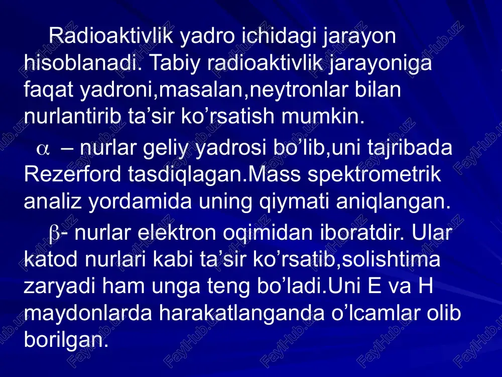 -2j/kg=10-2gr = 100epg/g) doza quvvatining birligi ryu= dyu/t=>j/kgc=vt/kg=gr/c (si). sistemadan tashqari birligi ryu= rad/c tana bir jinsli bo’lmaganligi uchun u ionlovchi nurlanishni bir tekist yutmaydi, bundan tashqari nurlanish ulardan barcha yo’nalishlarda sochiladi, shuning uchun “yutilisj doza” degan jumladan foydalanilmaydi, balki uning tanani o’rab turgan havodagi ionizatsiya ta’siri bo’yicha baholanadi. rentgen va gamma nurlarining havodagi ionizatsiyasining o’lchovi ekspozitsion doza do hisoblanadi. doni si sistemasidagi birligi (kl/kg) qabul qilingan. amaliyotdagi birligi 1rentgen (r). 1r=2,58*10-4 kl/kg ekspozitsion dozaning quvvati : p0=do/t[1a/kg] va [1r/c] yutilish va ekspozitsion doza orasida bog’lanish mavjud: dyu=ƒdo,bunda ƒ - o’tish koeffisenti bo’lib,u nurlantiradigan moddaga,foton energiyasiga bog’liq. suv va odam tanasining yumshoq to’qimalari uchun ƒ =1, shuning uchun rad lardagi yutilish dozasi son jihatdan rentgenlarda ifodalanuvchi ekspozitsion dozaga tengdir . berilgan nurlanish turi uchun uning biologik ta’siri shuncha ko’p bo’ladi, yutilish dozasi qancha ko’p bo’lsa,lekin har xil nurlanishlar yutilish dozasi bir xil bo’lganda ham har xil ta’sir ko’rsatish mumkin. bunda …