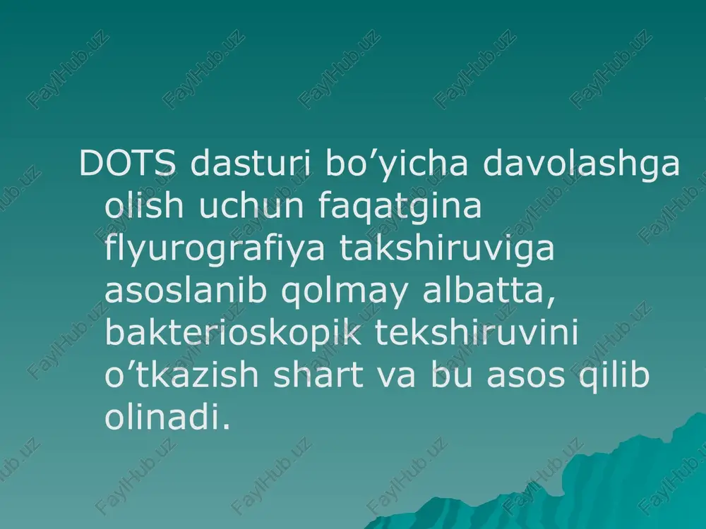 i oldini olish ; epidemik zanjirni uzish(soglom odamga yukishini oldini olish). davolash maksadlari makrofaglar yutgan (fagotsitoz tufayli) mikobakteriyalyar (zararlangan organizmda kasallik rivojlanishini ta'minlashlari mumkin) ularga h ta'sir kiladi sil mikobakteriyasini zararlangan organizmdagi populyatsiyalari zaralangan soglom shaxs bemor organizmidagi sil mikobakteriyalarini populyatsiyalari faol mikobakteriyalar h, r, z, e, s faol sil davolashni jadal davri davolash jarayonida makrofaglar yutgan (dormant va semidormant, ya'ni chalajon) mikobakteriyalar bularga fakat h, r ta'sir ko'rsatadi, bemor organizmidagi sil mikobakteriyalarini populyatsiyalari davolashni ambulator davri silga qarshi dorilar klassifikatsiyasi asosiy dorilar: h- izoniazid r- rifampitsin z-pirazinamid e- etambutol s- streptomitsin rezerv dorilar etionamid (protionamid); kanamitsin; tsikloserin yangi qator dorilar amikotsin; tsirofloksatsin; ofloksatsin silni davolash boskichlari jadal boskich maksad – balgam konversiyasiga erishish (ya'ni faol mikobakteriyalarni nobud kilish va kasallik avjlanishdan to'xtab, so'rilishini ta'minlash) yangi topilgan ( bk+, bk-); retsidiv; davolashga utkazilganlar; boshkalar(muvaffakiyatsiz davo, davolash taritibini buzganlar). kasal turlari kategorii lecheniya po dots i – kategoriya vpervie zabolevshie legochnim …
