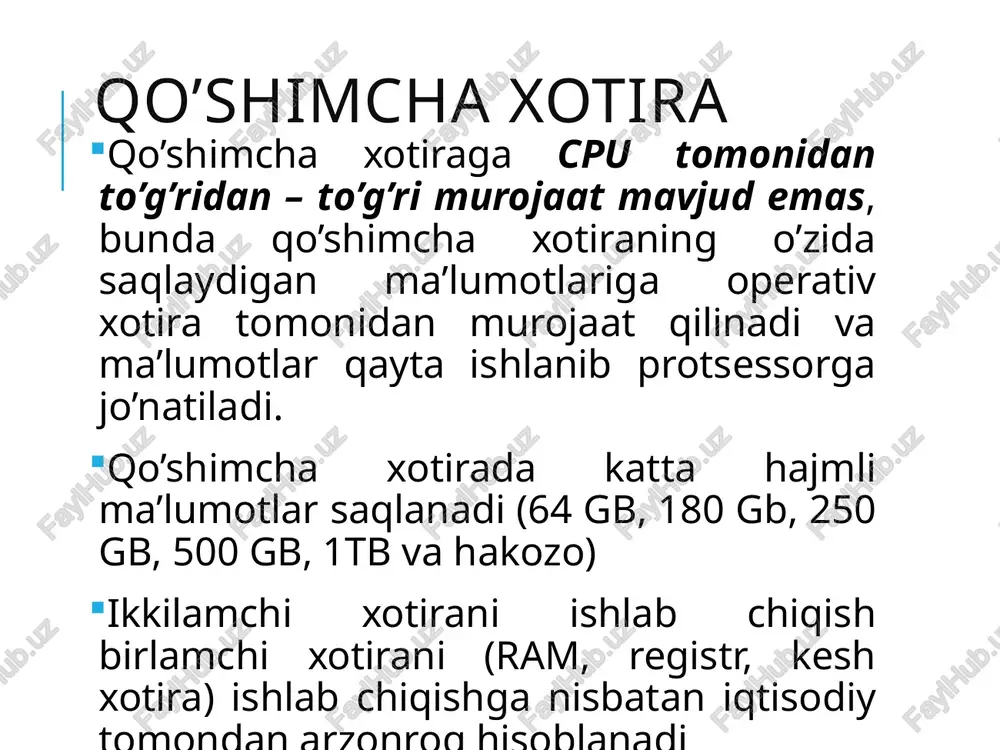 i butun sonlardan iborat. disk sektorlarni o’ziga jamlovchi bloklarga bo’linadi. massivga ma’lumot yozish har bir disk massivi uchun blokma-blok amalga oshiriladi. bloklarni barcha disklardan o’tuvchi ketma-ket chiziqlar ko’rinishida namoyon qilish mumkin. shuning uchun ham raid-ni boshqacha navbatli massiv deb ham atash mumkin. bitta diskga nisbatan raid-0 massivi quyidagi ustunliklarga ega: katta umumiy hajm – raid-0 massivining hajmi bitta disk hajmidan katta, bu katta hajmli fayllarni saqlashni osonlashtiradi; o’qish/yozishni tezlashtiradi – yuklama raid-0 masivida disklar massiviga taqsimlangadi (agarda umumiy kiritish/chiqarish bir blok bilan cheklanmagan bo’lsa); yo’l-yo’l hajm(raid 0) yo’laklarga ma’lumotlar 64 kbli bloklarga yozilgan xolatda bo’lad; raid-1 raid-1 da 2 ta va ba’zida ko’proq bo’lishi mumkin. bir xil disklardan foydalaniladi. barcha ma’lumotlar ikkala diskga ham yoziladi, ular bir-birining aksi bo’ladi. raid-1 massivi shuning uchun ham akslanuvchi massiv deb atashadi. bitta diskga nisbatan raid-1 masivi quyidagi ustunliklarga ega: xatoliklarga bardoshli – hattoki bitta diskda xatolik yuz bersa ham ma’lumotlardan foydalanish mumkin; o’qib …