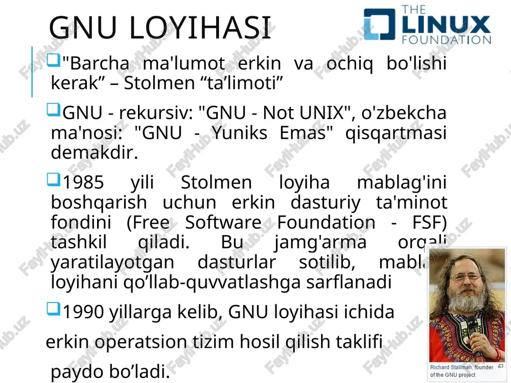 e8.jpeg image9.jpeg image10.jpeg image11.jpeg image12.png nux ndation e i u th l fo cl] founder 5 ofthe gnu project ubuntu £ fedora debian gnu/ linux user applications gnu c library (glibc) ‘system call interface kernel ‘tote depencent kernel code hardware platform user space kernel space system call interface (sci) process management (pm) virtual file system (vfs) memory management (mm) network stack arch device drivers (dd) company name #ofchanges % of total none 11,594 13.9% ‘unknown 10,803 12.9% red hat 9,351 11.2% novell 7,385 8.9% 18m 6,952 8.3% intel 3,388 41% linux foundation 2,160 2.6% ‘consultant 2,055 2.5% sgi 1,649 2.0% mips technologies 1,344 1.6% ‘oracle 1,122 1.3% montavista 4,010 12% google 965 1.1% linutronix 817 1.0% hp. 765 0.9% netapp 764 0.9% swsoft 762 0.9% renesas technology 759 0.9% freescale 730 0.9% ‘astaro 715 0.9% ‘academia 656 0.8% cisco 442, 0.5% simtec 437 0.5% linux networx 434 0.5% qlogic 398 …