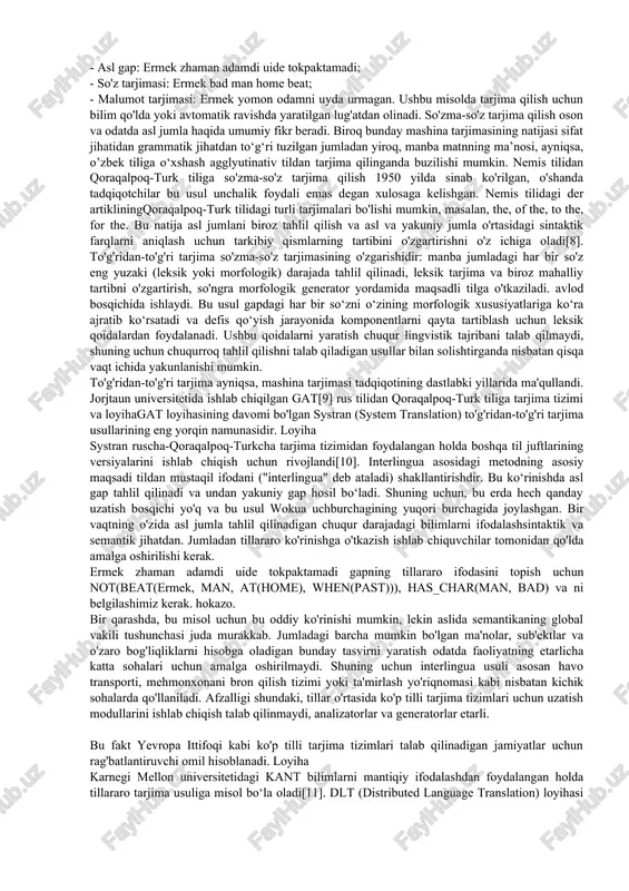 hinani o'rganish usullarini qo'llashlari mumkin. bu tizimni takomillashtirishning yagona usuli emas. biz internet orqali sinab ko'rishimiz mumkin bo'lgan mt tizimlarining aksariyati foydalanuvchilarga eng yaxshi tarjimalarni taklif qilish imkonini beradi. misol uchun, facebook sizning oldingi tanlovingizni yozib oladi yoki kontentdan foydalanuvchi tilini aniqlaydi va har safar chet tilidagi matnni topganida, facebook matn ostidagi maxsus havola orqali uni tarjima qilishni xohlash yoki xohlamasligingizni hal qilish imkoniyatini beradi. shuni ta'kidlash kerakki, facebook microsoft tomonidan taqdim etilgan tarjima xizmatidan foydalanadi. asosiy muammolardan biri shundaki, biz ob-havo prognozi kabi ma'lum bir domenda munosib sifatni ta'minlaydigan tizimni yarata olsak ham, uni to'g'ri sozlashsiz boshqa domenlarga oson va samarali qo'llash mumkin emas. shuning uchun biz tabiiy til deb ataydigan inson tillarining o'ziga xos sohalari, morfologik xususiyatlari va semantik xususiyatlarini o'rganishimiz kerak. va eng muhimi, tabiiy tilni qayta ishlash sun'iy intellekt tadqiqotining eng faol sohasidir. bu yerda men mashina tarjimasi texnikasi va qisqacha sharhini taqdim etmoqchiman statistik mashina …