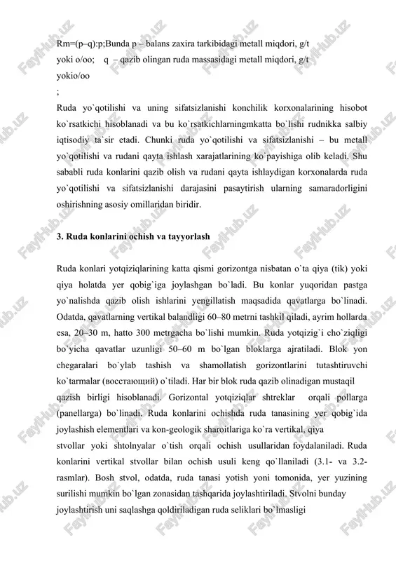 ay joylashtirish uni saqlashga qoldiriladigan ruda seliklari bo`lmasligi sababli ruda yo`qotilishini kamaytirishni ta`minlaydi."` konni ochishda shaxta stvoli, odatda, yer yuzidan birinchi gorizontgacha o`tiladi va qavat kvershlagi o`tish orqali ruda yotqizig`i ochiladi. qavatdagi ruda za- xirasi qazib olinishi davomida stvol chuqurlashtirib boriladi va navbatdagi qavat kvershlagi o`tiladi. shu sababli ruda konlarini qazib olishda shaxta stvollari tez- tez chuqurlashtiriladi va navbatdagi rastki gorizont zaxiralari qazib olinadi. shaxtani shamollatish ishlarini amalga oshirish va boshqa kon qazish ishlarini bajarish uchun bosh stvoldan tashqari yordamchi stvollar ham o`tiladi. toza havo oqimi shaxtaga bosh stvol orqali yuboriladi va ishlatilgan havo yordamchi stvollar orqali yer yuziga chiqarib yuboriladi. chuqurlik bo`yicha katta uzunlikka ega bo`lgan ruda tanalarini qazib chiqarishda ruda tanasining quyi gori- zontlarini ochish, ko`r hollarda esa, ko`r stvollar o`tish orqali amalga oshi- riladi ( rasm). bosh stvol ruda tanasining bor bo`yiga o`tiladi va stvol tubi tekisligida konsentratsion (yig`ma) gorizont hosil qilinadi. yuqoridagi gori- tik ruda yotqiziqlarini …
