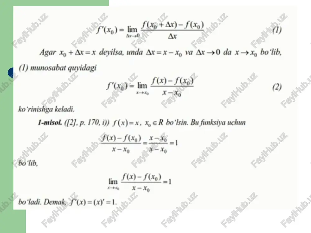 siyasi bitta y=/(x) tenglama bilan berilmasdan, balki x va u lar parametr deb ataladigan uchinchi ¢ o‘zgaruvchining funksiyalari sistemasi f =9(t), | y=y(t) orqali beriladi. bu erda ¢ o‘zgaruvchi biror [a,6] kesmadan qiymat qabul qiladi. bunday sistema orqali aniqlangan funksiya parametrik ko‘rinishda berilgan funksiya deyiladi. parametrik ko‘rinishda berilgan funksiyani x va y lami bog‘laydigan bitta formula orqali berish uchun (9.1) sistemada ¢ parametrdan qutilish zarur. buning uchun sistemadagi tenglamalardan biridan, masalan, birinchi x=9(t) tenglamadan t ni x orqali ifodalaymiz, ya’ni t=@;(x), (bu erda t=@;(x) funksiya x=¢(t) funksiyaga nisbatan teskari funksiya) va uni y=y(t) ifodaga qo‘yamiz. u_ holda v=vw(91(%)) =f) bo‘ladi, ya’ni y o‘zgaruvchi x argumentning funksiyasi sifatidagi ifodasi hosil bo‘ladi. ay, faraz qilaylik x argumentning y funksiyasi quyidagicha f =9(t), 2) y=v(t), @stsp parametrik tenglamalar bilan berilgan bo‘lsin. agar x=9(t) funksiya teskarilanuvchi bo‘lsa, ya’ni t=@;(x) mavjud bo‘lsa, u holda y=y(t) tenglamani y=y(g,(x)) ko‘rinishda yozib olish va y=w(g;(x)) funksiyaning hosilasini topish …