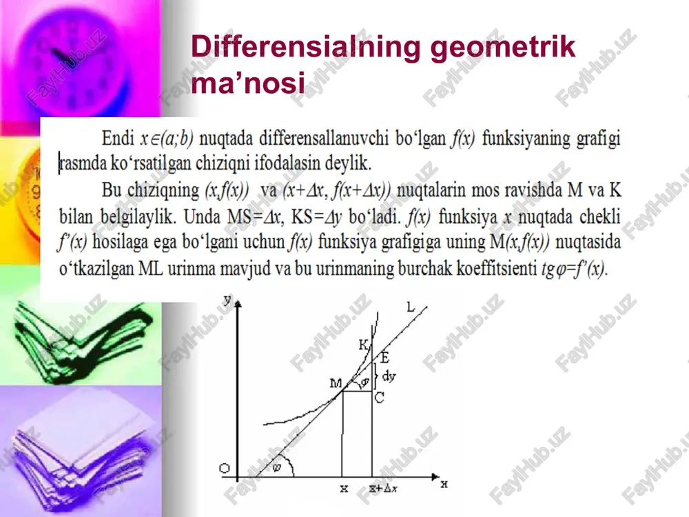 ali berish uchun (9.1) sistemada ¢ parametrdan qutilish zarur. buning uchun sistemadagi tenglamalardan biridan, masalan, birinchi x=9(t) tenglamadan t ni x orqali ifodalaymiz, ya’ni t=@;(x), (bu erda t=@;(x) funksiya x=¢(t) funksiyaga nisbatan teskari funksiya) va uni y=y(t) ifodaga qo‘yamiz. u_ holda v=vw(91(%)) =f) bo‘ladi, ya’ni y o‘zgaruvchi x argumentning funksiyasi sifatidagi ifodasi hosil bo‘ladi. ay, faraz qilaylik x argumentning y funksiyasi quyidagicha f =9(t), 2) y=v(t), @stsp parametrik tenglamalar bilan berilgan bo‘lsin. agar x=9(t) funksiya teskarilanuvchi bo‘lsa, ya’ni t=@;(x) mavjud bo‘lsa, u holda y=y(t) tenglamani y=y(g,(x)) ko‘rinishda yozib olish va y=w(g;(x)) funksiyaning hosilasini topish masalasini qarash mumkin. odatda bu masala parametrik tenglamalar bilan berilgan funksiyaning hosilasini topish masalasi deb ham yuritiladi. teorema. aytaylik g(t) va y(t) funksiyalar [a;6] da uzluksiz va (a:8) da differensiallanuvchi hamda g’(z) shu intervalda ishorasini saqlasin. agar x=9(t) funksiyaning giymatlar to‘plami [a,b] kesma bo‘lsa, u holda x=9(t), y= y(t) tenglamalar [a,b] da uzluksiz, (a,b) da differensiallanuvchi …