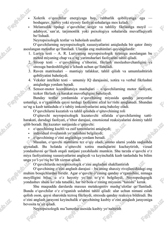 o‘quvchilarning miyaning funktsional holatini, idrok, xotira, tafakkur, diqqat va hissiy barqarorlik kabi ko‘rsatkichlarini aniqlash. 2. tahliliy bosqich – olingan ma’lumotlar asosida har bir o‘quvchining neyropsixologik portreti tuziladi, ya’ni uning kuchli va zaif tomonlari aniqlanadi. 3. tavsiyaviy bosqich – o‘quvchining neyropsixologik profili asosida unga mos kasbiy yo‘nalishlar, o‘quv dasturlari yoki rivojlantiruvchi mashg‘ulotlar tavsiya etiladi. misol uchun, yuqori darajada ijodiy tafakkurga ega, fazoviy idroki kuchli o‘quvchi uchun dizayn, arxitektura yoki san’at sohalari mos bo‘lishi mumkin. aksincha, analitik fikrlovchi, diqqatli va mantiqiy tafakkurga ega o‘quvchi uchun texnik yo‘nalishlar, dasturlash yoki buxgalteriya sohasi tavsiya etiladi. kasb tanlashda neyropsixologik yondashuvning afzalligi an’anaviy kasb tanlash usullarida ko‘pincha o‘quvchining bilim darajasi, qiziqishi yoki ijtimoiy fikrlar asosga olinadi. biroq bu usullar o‘quvchining miya faoliyatidagi individual farqlarni inobatga olmaydi. neyropsixologik yondashuv esa har bir o‘quvchining asab tizimi turi, temperament, stressga reaksiyasi va o‘rganish strategiyasini chuqur tahlil qiladi. shuning uchun bu yondashuv orqali o‘quvchini o‘z tabiiy qobiliyatiga mos kasbga yo‘naltirish …
