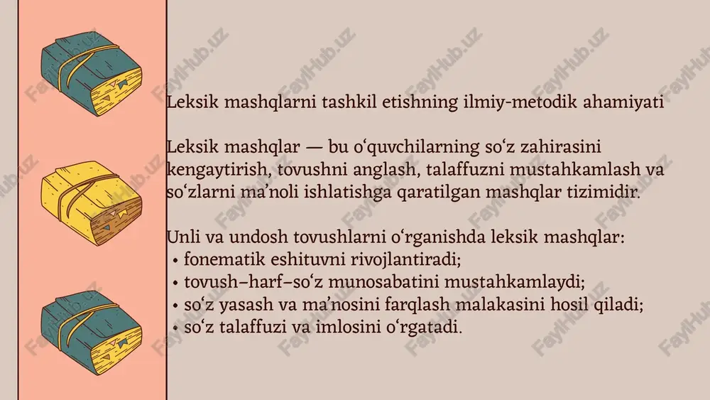 osqichma-bosqich murakkablashtirish (bir tovushdan bir nechta tovushli so‘z tizimiga o‘tish). 3. har bir mashqdan keyin leksik tahlil va semantik izoh berish. 4. bolalarning yosh va fonetik tayyorgarligiga qarab ko‘rgazmali va o‘yinli metodlarni qo‘llash. 5. darsni intonatsion o‘yinlar bilan yakunlash (masalan, tovush bilan ohangli she’r yaratish). xulosa unli va undosh tovushlarni o‘rganishda leksik mashqlar — bu fonetik tizimni semantik tizim bilan integratsiyalovchi eng samarali metodik yondashuvdir. u: • o‘quvchilarda to‘g‘ri talaffuz, boy lug‘at, so‘z hosil qilish va semantik tafakkurni rivojlantiradi; • psixolingvistik jarayonlarni (eshitish, xotira, tafakkur, assotsiatsiya) faollashtiradi; • til o‘rganishning tabiiy, nutqga yo‘naltirilgan modelini yaratadi. e’tiboringiz uchun rahmat image1.png image2.svg image3.png image4.svg image5.png image6.svg image7.png image8.svg image9.png image10.svg image11.png image12.svg image13.png image14.svg image15.png image16.svg image17.png image18.svg image19.png image20.svg image21.png image22.svg image23.png image24.svg image25.png image26.svg image27.png image28.svg image29.png image30.svg image31.png image32.svg image41.png image42.svg image43.png image44.svg image45.png image46.svg image47.png image48.svg image49.png image50.svg image33.png image51.png image52.svg image34.svg image35.png image36.svg image37.png image38.svg image39.png image40.svg …