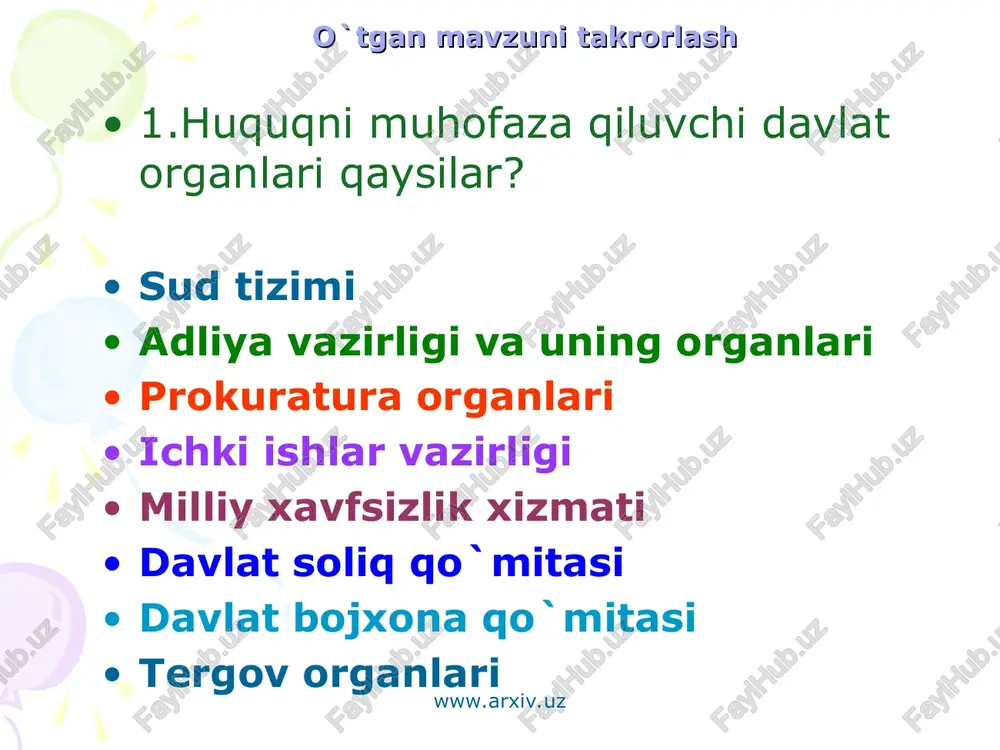 harbiy sudlardan iborat. rais: mirzayev tohir hamdamovich yangi mavzu bayoni www.arxiv.uz www.arxiv.uz mulkchilikning turli shakllariga asoslangan korxonalar, muassasalar, tashkilotlar o'rtasidagi, shuningdek tadbirkorlar o'rtasidagi, iqtisodiyot sohasida va uni boshqarish jarayonida vujudga keladigan xo‘jalik nizolarini hal etish oliy xo‘jalik sudi va xo'jalik sudlari tomonidan ularning vakolatlari doirasida amalga oshiriladi. o'zbekiston respublikasining konstitutsiyasi, 111- modda. konstitutsiyamizning 115- moddasiga asosan o‘zbekiston respublikasida sud ishlarini yuritish o‘zbek tilida, qoraqalpoq tilida yoki muayyan joydagi ko'pchilik aholi so'zlashadigan tilda olib boriladi. aybsizlik prezumpsiyasi insonning nohaq jazolanishining oldini olish, muhimi, jamiyatda adolat muvozanatini o‘rnatishga qaratilgan tamoyildir mamlakatimizda barcha sudyalar bir xil maqomga ega. sudyalarning odil sudlovni amalga oshirish borasidagi faoliyatiga aralashishga yo'l qo'yilmaydi. yangi mavzu bayoni www.arxiv.uz www.arxiv.uz amir temur davlatida odil sudlovni amalga oshirish uchun mukammal tizimdagi sud tizimi mavjud bo'lib, ular quyidagi to'rt sohaga bo'lingan va qozilar tomonidan boshqarilgan: fuqarolik sudi (aholi qozisi). harbiy sud (lashkar qozisi). shariat sudi (islom qozisi). amaldorlar sudi (xizmatchilar qozisi). shahar, …