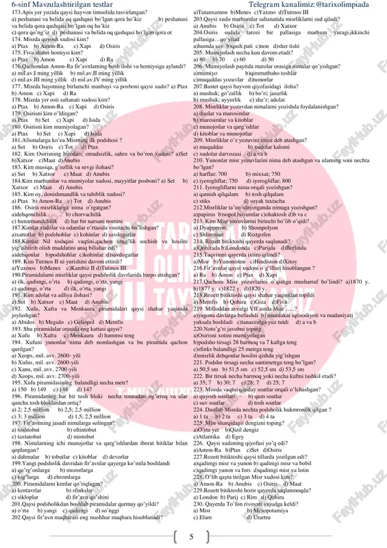 ) eneolit 63. germaniyadan …… topilgan. a)kromanyon b)neandertal c)pitekantrop d)sinantrop 64. fransiyadan …… topilgan. a)kromanyon b)neandertal c)pitekantrop d)sinantrop 65. qachon buyuk muzlik davri boshlandi? a) ilk paleolitning boshlarida b) ilk paleolitning o’rtalarida c) ilk paleolitning oxirlarida d) mezolitda 66. o’rta osiyoda toshdan yasalgan mehnat qurollari qayerlardan topilgan? a) farg’ona vodiysi selungur manzilgohi b) toshkent vohasi ko’lbuloq manzilgohi c) samarqand d) a va b 67. chopperlar- bu ……. a)uchi o’tkirlangan tayoq qurollar b)uchi o’tkirlangan suyak qurollar c)uchi o’tkirlangan tosh qurollar d) hammsi to’g’ri 68. dastlabki mehnat qurollari …… bo’lgan. a) uchi o’tkirlangan tayoq b) uchi o’tkirlangan suyak c) uchi o’tkirlangan tosh d) a va c 69. uchi o’tkir tayoqlarda nimalarda foydalanilgan? a) hayvonlarni ovlashda b) qurt-qumusqalarni kovlab olishda c)o’simliklarning ildiz va ildizmevalarini kovlab olishda d) hammasi to’g’ri 70.eng qadimgi kishilarning mashg’uloti nima edi? a) termachilik va ovchilik b) dehqonchilik va chorvachilik c) kulolchilik va to’quvchilik d) hunarmandchilik va savdo-sotiq 71. o’zlashtiruvchi …