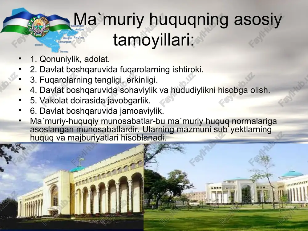 y, ho’jalik va madaniy hayotga rahbarlik qiluvchi davlat organlariga ega. masalan; o’zbekistonda oliy davlat hokimiyat organi oliy majlis, mahalliy davlat hokimiyat organlari, viloyatlar, tumanlar va shaharlarda hokimlar boshchilik qiladigan xalq deputatlari kengashlaridir. siyosiy ijro etuvchi organ- davlat boshlig’i va vazirlar mahkamasining raisi prezident, mahalliy ijro etuvchi organ- viloyat, tuman va shahar hokimlaridan iborat. o’zbekiston huquqni muhofaza organlari mavjud. bu organlarning chiqaorgan normativ va huquqiy hujjatlari jamiyatning barcha a'zolari uchun majburiydir. davlat huquq va huquqiy normalar qabul qiladi. bularni bajarish barcha fuqarolar uchun, jamiyatning barcha siyosiy tashkilotlarining a'zolari uchun majburiydir. o’zbekiston mustaqillikka erishgandan keyin davlat va siyosiy tizimiga bozor iqtisodiyoti bilan bo’g’liq bo’lgan bir qancha davlat organlari paydo bo’ldi. masalan, mudofaa va tashqi iqtisodiy aloqalar vazirliklari, milliy havfsizlik hizmati, davlat soliq va bojhona qo’mitasi, davlat mulkini boshqarish va hususiylashtirish, qimmatbaho metallar, fan va tehnika qo’mitalari, turli kontsernlar, holding, kompaniya va boshqalar tuzildi. demak, jamiyat siyosiy tizimining vazifalari quyidagilardan iborat: o’zbekiston respublikasi …