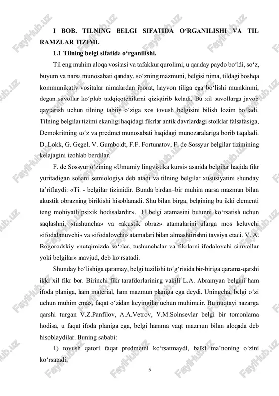 ning belgisi, ya’ni til belgisi haqida signal beruvchidir. boshqacha aytganda, u umumiy belgi emas, balki xususiy belgilardir. mazmuni koʻrgazmali, obrazli ravishda asoslangan belgi simvol sanaladi. simvol vaziyat bilan shartlanishdan ma’lum darajada ozod. simvollar oʻz xarakteriga koʻra murakkab (gerb, bayroq) va oddiy (nishonlar, orden, medallar) simvol belgilarga boʻlinadi. signal va simvollarning asosiy qismi tilda taqlidiy soʻzlar xarakteriga egadir. lekin tilda taqlidiy soʻzlar sanoqli darajadadir. til belgisi haqiqiy boʻlib, u birlamchidir. nolisoniy belgi yordamchi va sun’iy til belgisi esa ikkilamchi hisoblanadi. ikkilamchi belgi substitut nomli atama bilan yuritiladi. substitutlar birlamchi belgilarni koʻrsatishga xizmat qiladi. masalan, fonema belgi boʻlsa, harf uning substitutidir. gap kommunikativ belgi boʻlsa, uning matematik modeli substitut sanaladi. substitut belgilar axborot tizimida keng tarqalgan. uning koʻp qoʻllaniladigani matematik belgilardir. substitutlar metatil (metoyazik) ni ifodalovchi vositadir. belgilar tizimini oʻrganish, uni sistemalashtirish bilan bogʻliq muammolarning paydo boʻlishi semiotika degan maxsus fanni yuzaga keltirdi. semiotika va uning yoʻnalishlari. turli-tuman belgilar (ramzlar) tizimining umumiy …