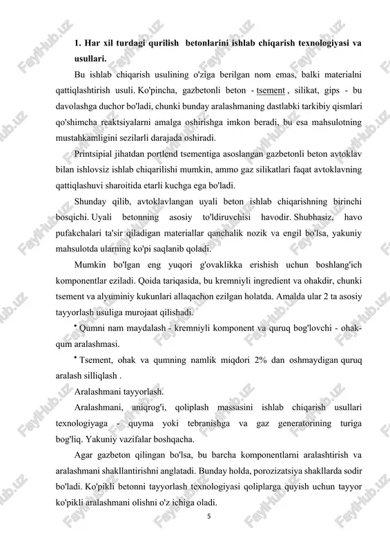 ahsulotning harorati butun qalinligi bo'yicha bir xil bo'lgunga qadar beriladi. 2. ikkinchi bosqichda kimyoviy reaktsiyalar sodir bo'ladi - ikki asosli gidrosilikatlar hosil qilish uchun kaltsiy gidroksidi va kremniy oksidining o'zaro ta'siri. bu jarayon kuchning tez o'sishi bilan birga keladi. bu erda muhim narsa doimiy harorat va bosimni ta'minlashdir. 3. harorat va bosimning pasayishi - bu suvning tez bug'lanishiga olib keladi, bu esa mahsulotlarning yoriqlariga olib kelishi mumkin. xavfni minimallashtirish uchun ular bosimni bosqichma-bosqich kamaytirishga murojaat qilishadi. avtoklavlanmagan uyali beton ishlab chiqarish jarayonida sodir bo'ladigan jarayonlar quyida tavsiflanadi. avtoklavsiz usul. ushbu turkumga tabiiy sharoitlarda qattiqlashish va issiqlik va namlik bilan ishlov berish kiradi. qoida tariqasida, ko'pikli beton shu tarzda amalga oshiriladi. ishlab chiqarishning yakuniy maqsadi mahsulot emas, balki g'ovakli massa olishdir. texnologiya bir necha bosqichlarni o'z ichiga oladi. · xom ashyoni tayyorlash - texnik ko'pik ko'pikli ko'pikda yaratiladi - elim rozin, smola-saponin va boshqalar. · birinchidan, suv va tolalar aralashtiriladi, keyin …