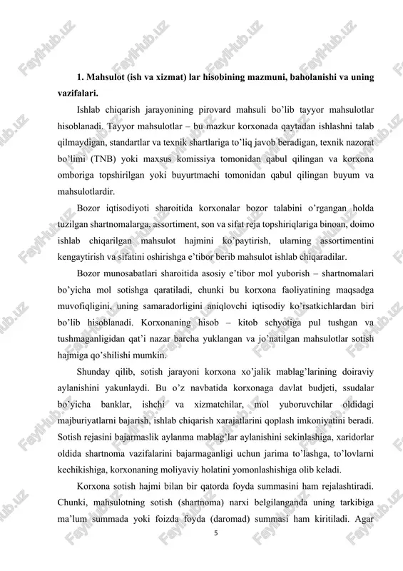 sh uchun; 1. marketing bo’limi – mahsulot jo’natish shartnomasining bajarish imkoniyati ustidan nazorat qilish uchun; 1. buxgalteriya – analitik hisob, svodkalar va hisobotlar tuzish uchun foydalanishi mumkin. shuning uchun korxonalarning buxgalteriya hisobini tashkil qilish tizimida tayyor mahsulotlar ularni yuklash va sotish hisobi alohida o’rin tutib, uning vazifalari quyidagilardan iborat: 1. tayyor mahsulotlar ishlab chiqarish, ularning zaxiralari holati hamda omborda saqlanishi, bajarilgan ishlar va ko’rsatilgan xizmatlar ustidan uzluksiz nazorat qilish; 1. yuklangan va jo’natilgan mahsulot (ish, xizmat) larni o’z vaqtida va to’g’ri hujjatlashtirish, xaridorlar bilan olib boriladigan hisob– kitoblarni aniq tashkil etish; 1. sotilgan mahsulotlarning hajmi va assortimenti bo’yicha mol jo’natish shartnoma rejasining bajarilishi ustidan nazorat qilish; 1. sotilgan mahsulot uchun olinadigan mablag’lar summasini, mahsulot ishlab chiqarish uchun ketgan haqiqiy xarajatlarni, foyda summasini o’z vaqtida va aniq hisoblab chiqish. bu vazifalarning bajarilishi korxonaning bir tekisda ishlashi, sotish hamda ombor xo’jaligini to’g’ri tashkil qilish, xo’jalik operatsiyalarini o’z vaqtida va to’g’ri hujjatlashtirishga bog’liq. …