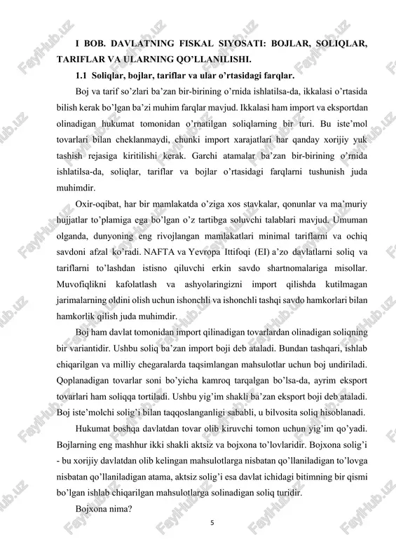 da mamlakatning ularga bo’lgan talabi bilan belgilanadi. har doim mas’uliyat bo’ladi; ular har xil bo’lishi mumkin, lekin ular hech qachon yo’qolmaydi. xalqaro savdo muhokamalari ko’pincha majburiyatlarni belgilaydi. ular mahsulot import qiymatining 0% dan 35% gacha. vazifalar sekin bo’lsa-da o’zgarib turadi, chunki ular xalqlar o’rtasida kelishilgan. xalqaro munosabatlar bo’yicha joriy bilimlarni saqlab qolish savdogarlarga ularning tovarlari o’zgaruvchan tarif stavkalariga taalluqli yoki yo’qligini aniqlashda yordam beradi. tarif nima? bojlar boshqa davlatlardan olib kiriladigan mahsulotlarga davlat tomonidan qoʻyiladigan toʻlovlardir. hukumat import qilinadigan tovarlarga tariflarni qo’llaganida, bunday tovarlarning ichki bozor narxi oshadi. biror narsaga bojlar joriy etish jahon bozoridan import qilinadigan miqdorning qisqarishiga va bu tovarlarning ichki iqtisodiyotda ishlab chiqarilishining oshishiga olib keladi. tariflar ikki turga bo’linadi: import tariflari va eksport tariflari. import bojlari import qilinadigan mahsulotlardan undiriladi. xuddi shunday, eksportdan olinadigan bojlar eksport tariflari deb ataladi. hukumat bojlarni yig’ish orqali daromadni oshirish uchun import yoki eksport tariflaridan foydalanadi. import qilinadigan tovarlar bo’yicha tariflar …