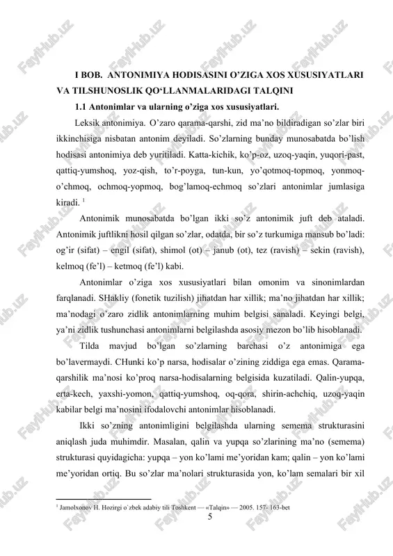 antonimlar: katta-kichik, to’g’ri-egri, baland-past, keng-tor, chuqur-sayoz, uzun-qisqa; 6) maza-ta’m bildiruvchi sifat antonimlar: achchiq-shirin, mazali-bemaza, xushxo’r-badxo’r kabilar. 2. ravish antonimlar. ravish turkumiga xos antonimlar: 1) holat, tarz (tez-sekin, zo’rg’a-bemalol, birga-alohida, majburan-ixtiyoriy); 2) payt (avval-keyin, erta-kech, bugun-erta); 3) miqdor (ko’p-oz, ortiq-kam); 4) maqsad (atayin-bilmasdan, jo’rttaga-beixtiyor); 5) o’rin (nari-beri) ma’nolarini ifoda qiladi. 3. ot antonimlar. bunday antonimlar ma’no jihatidan kishilarning psixologik holatini (quvonch-alam, rohat-azob, shodlik-qayg’u), tomonlarga oid tushunchalarni (sharq-g’arb, janub-shimol, kunbotar-kunchiqar, er-osmon, to’r-poyga, old-orqa), yil fasllari va sutkaning qarama-qarshi tomonlarini (yoz-qish, bahor-kuz, kecha-kunduz, kun-tun, tong-shom), kundalik hayotga, urf-odatga oid tushunchalarni (muhabbat-nafrat, vasl-hijron, hayot-o’lim, to’y-aza) ifodalab keladi. 3. fe’l antonimlar. antonimiyada fe’l antonimlar ham kattagina o’rin egallaydi. fe’l antonimlar asosan quyidagi ma’nolarni bildiradi: 1) qarama-qarshi tomonga bo’lgan yo’nalishni ifoda qiladi: kelmoq-ketmoq, bormoq-qaytmoq, kirmoq-chiqmoq, ochmoq-yopmoq; 2) kishilarning o’zaro aloqasini bildiradi: olmoq-bermoq, olmoq-sotmoq; 3) kishilarning ruhiy holatini ifodalaydi: kulmoq-yig’lamoq, sevinmoq-qayg’urmoq, rohatlanmoq-azoblanmoq; 4) kishilarning fiziologik holatini bildiradi: semirmoq-ozmoq, yosharmoq-keksaymoq; 5) kishilarning o’zaro munosabatini ifodalaydi: urishmoq-yarashmoq, ajrashmoq-yarashmoq, eslamoq-unutmoq, …