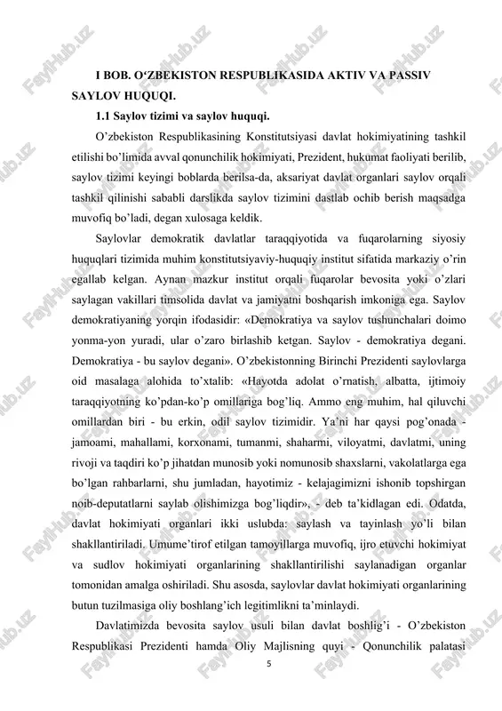 bo’lgan fuqarolik jamiyatidir». aslida, o’zining tashkil etilishi, tuzilishi jihatidan va faoliyatida xalqning irodasiga tayangan, barcha umume’tirof etilgan inson va fuqarolarning huquq va erkinliklarini ta’minlashga intilgan davlat deganda, tom ma’nodagi demokratik davlat tushuniladi. bunda, demokratik davlat fuqarolarning erkinligi va hurfikrliligiga asoslangan fuqarolik jamiyatining muhim ajralmas qismidir. mazkur davlatning legitimliligi asosini xalq suvereniteti tashkil etadi. o’z navbatida, xalq suverenitetining amalda namoyon bo’lishining asosini saylovlar orqali tashkil etilgan davlat hokimiyati ifoda etadi. har qanday davlatni demokratik davlat deb e’lon qilishning o’zi kifoya emas, muhimi, uning tashkil etilishi va faoliyatini tegishli huquqiy institutlar, huquqiy kafolatlar bilan ta’minlashdan iborat. bunda - konstitutsiyaviy-huquqiy institutlarning tizimida saylov huquqi instituti muhim rol o’ynaydi. ana shu nuqtai nazardan qaraganda, yuqorida ko’rsatilgan maqsadlarga erishishda saylovlar bir vaqtning o’zida ikkita yirik vazifani yechishga xizmat qiladi: - birinchidan, saylovlar demokratiyani amalga oshirishning bevosita shakli bo’lib, fuqarolarni uyushgan holda o’zlari yashab turgan davlat va jamiyatni boshqarish jarayonlariga safarbar etadi. saylov xalq hokimiyatining bevosita …