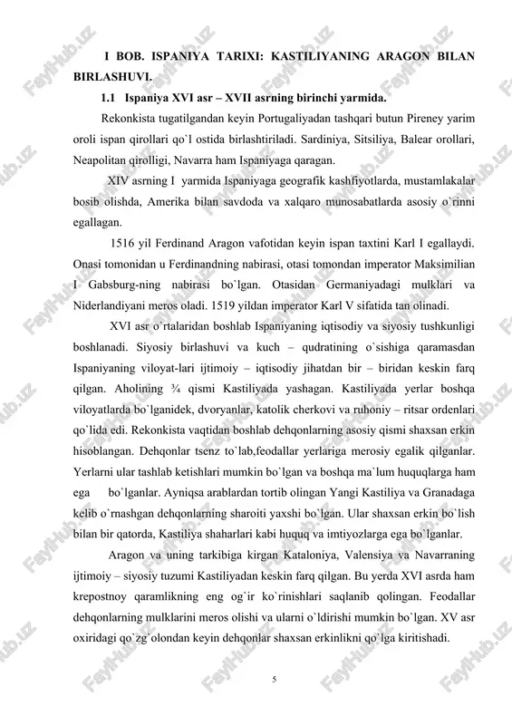 rxda sotishgan. kasodga uchragan dehqonlar sudxo`rlarga qaram bo`la boshlaydi. xvi asr boshlarida kastiliya xo`jaligining asosiy tarmog`i haydab yilqichilik qilish edi. grandlarga qarashli bir necha million qo`y har yili 2 marta - bahor va kuzda kastiliyadan janubga, estremadura va andaluziyaga haydalgan, keyinchalik qayta shimolga olib kelingan. katta yo`llarda haydalgan poda barcha qishloq xo`jalik maydonlarini, uzumzor va zaytunzorlarni payhon qilib yuboradi dehqonlarning qarshiligi yirik chorvadorlar ittifoqi- mestaning qarshiligiga uchragan. movutsozlikning rivojlanishi bilan g`arbiy evropada yungga bo`lgan ehtiyoj ortadi. qirol hokimiyati yung savdosidan katta daromad olib, mestaga homiylik qiladi. dehqonlar xonavayron bo`lib, g`alla ekishzorlari qisqaradi. xvi asrning 30– yillaridan boshlab ispaniyaga frantsiya va sitsiliyadan g`alla keltirila boshlangan. bu davrda hunarmandchilik rivojlanib, kapitalistik manufaktura belgilari paydo bo`-ladi. movutsozlik hunarmandchilikning asosiy sohasi hisoblanib, segoviya, toledo, qurdoba, kuenkeda manufaktura ko`rinishidagi korxonalar paydo bo`ladi. bu shahar larning chekkasida yigiruvchilar, to`qimachilar tarqoq manufakturalarda savdogarlarga ishlagan. biskayya kemasozlik va metallurgiya markazi hisoblangan. ipak matolar ishlab chiqarish toledo, granada, valensiya, …
