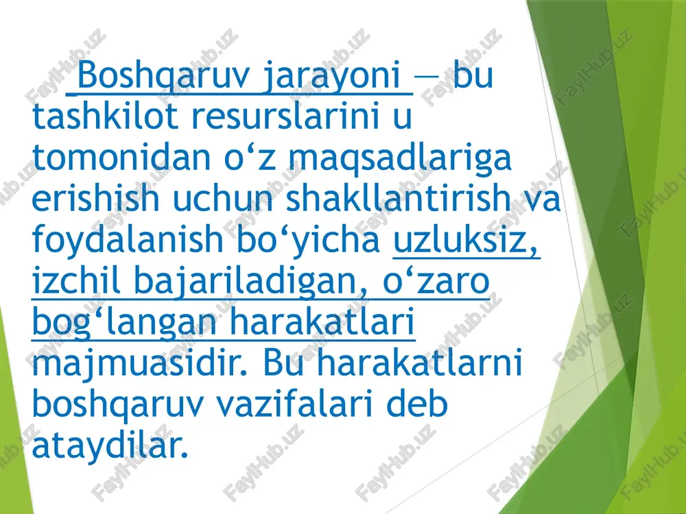 ob'ektining texnikaviy vositalarini qamrab oluvchi murakkab axborot majmuidir. axborotni qayta ishlashda elektron hisobladh mashina (ehm)lar qo'llaniladigan boshqaruv tizimlari avtomatlashtirilgan boshqaruv tizimi (abt) bed ataladi. abt quyidagi vazifalarni bajaradi: -axborot qabul qilish; -axborotni qayta ishlash; -axborotni saqlash, yigish; -boshqaruv tashkilotiga axborot berish; -ijrochilarga buyruq uzatish. kommunikatsiya - bu axborot almashishdir. ana shu axborot negizida raxbar ma'lumotlar olib, samarali qarorlar qabul qiladi va ishchi xodimlarga etkazadi. raxbarlik faoliyati - samarali axborot almashinuvini talab qiladi. boshqaruv faoliyatida axborot almashuvi muhim axamiyatliligi uchun raxbar o’zining vaqtining 50% - 90%ni kommunikatsiyaga sarflaydi. axborot almashishning sifati boshqaruv qarorlariga ta'sir ko’rsatadi. korxona kommunikatsiyasi - bu o‘ta murakkab, ko‘p bosqichli tizim bo‘lib, o‘z tarkibiga nafaqat tashkilot ichidagi, shuningdek, uning tashqarisidagi axborot almashuvini ham oladi. tashqi kommunikatsiya - bu tashkilot bilan tashqi muhit o‘rtasidagi axborot almashuvi. tashqaridan keladigan axborotlar, jumladan yuqori boshqaruv organlari, hokimiyat, vazirlik, qo‘mitalar, vazirlar mahkamasi, prezident devoni axborotlari bunga misol bo‘ladi. ichki kommunikatsiya deganda, korxona ichidagi …