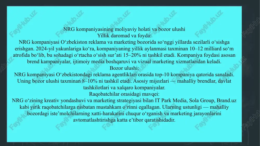 , chegirmalar va doimiy mijozlar uchun bonus tizimi txt kompaniyasining mahsulot va xizmatlar tahlili asosiy mahsulot/xizmatlar: txt kompaniyasi o‘zbekiston it bozorida quyidagi yo‘nalishlarda faoliyat yuritadi: veb-saytlar va internet-do‘konlar ishlab chiqish mobil ilovalar yaratish (android, ios) korporativ dasturiy ta’minot (crm, erp tizimlari) it-konsalting va texnik qo‘llab-quvvatlash grafika va ui/ux dizayn xizmatlari sifat, narx siyosati, xizmat ko‘rsatish darajasi: txt kompaniyasi o‘z xizmatlarini yuqori sifat va raqobatbardosh narx asosida taqdim etadi. narx siyosati moslashuvchan — kichik startaplar uchun arzon paketlar, yirik korxonalar uchun kompleks yechimlar mavjud. har bir mijoz uchun “custom” yechimlar ishlab chiqiladi, bu esa xizmat ko‘rsatish darajasini yuqori saqlash imkonini beradi. mijozlar segmenti: texnologik startaplar va innovatsion kompaniyalar o‘rta va yirik biznes sub’yektlari ta’lim, transport, tibbiyot va chakana savdo tashkilotlari txt kompaniyasining asosiy segmenti — raqamli transformatsiyani yo‘lga qo‘yuvchi bizneslar. txt kompaniyasining marketing va reklama siyosati brend imiji va logotipi: txt brendi innovatsiya, soddalik va zamonaviy texnologiyalarni ifodalaydi. logotipida texnologik shrift …