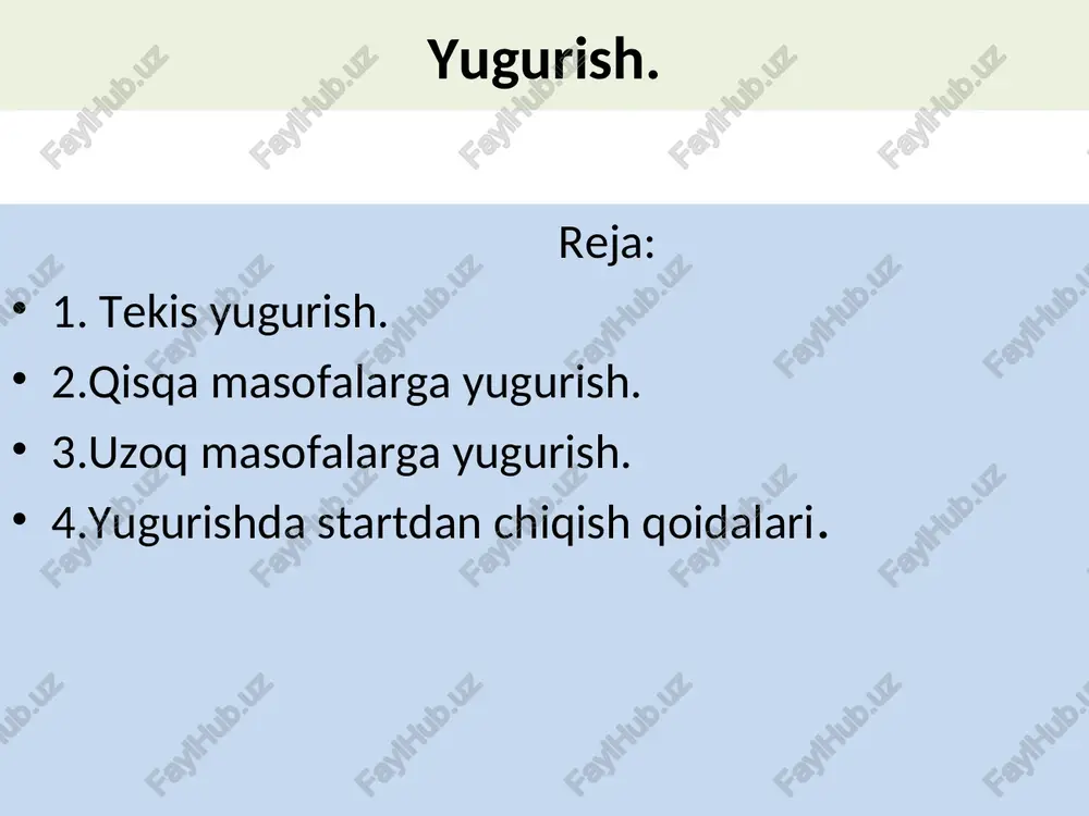 erkin bosib o’tishga, harakatlari tabiiy bo’lishiga erishishi lozim. boshida oyoqning butun kafti bilan, masofaning ayrim qismlarini esa oyoq uchi bilan bosib o’tishga urinish kerak. yugurish chog’ida, masofaning tekis joylarida gavda bir oz oldinga engashadi va boshni to’g’ri tutib, oldinga qarab turiladi. qoilar yarim musht qilinib, tirsakdan bukiladi va mokisimon, yengil harakatda bo'linadi, yelkalarni yuqori ko’tarib olinmaydi. finishga 100 — 200 metr qolganda qo’llar harakati teziashadi, tana ko’proq egiladi, qadamlar ham yanada tezroq tashlanadi. finishdan keyin sportchi yugurishda davom etib, asta yurishga o’tadi. kross tayyorgarligi mashg’ulotlarida qizlar va o’g’il bolalar alohida guruh bo’lib yuguradilar va ularga beriladigan topshiriqlar ham turlicha bo’ladi. 41)/| aabbt aabbc aabbcc sl] baroness... 3aronose... 3aronoso. s pegs ee eg er ret tid tis aie beet & qisqa masofalarga (sprinterlik) yugurish ‘yugurishning bu turibo ‘yicha respublikamizda o’g’il bolalar va qizlar uchun eng yugori natijalar toshkent shabrida qayd etilgan. 0’ g°il bolalarda 100 m. ga yugurish bo’yicha rekord natija …