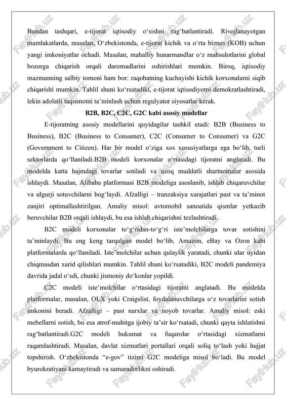 ujjat topshirish. o‘zbekistonda “e-gov” tizimi g2c modeliga misol bo‘ladi. bu model byurokratiyani kamaytiradi va samaradorlikni oshiradi. ushbu modellar bir-biri bilan birlashishi mumkin, masalan, b2b2c, bu esa murakkabroq tizimlarni yaratadi. chuqur tahlil shuni ko‘rsatadiki, modellarning tanlovi biznes strategiyasiga bog‘liq bo‘lib, har biri o‘z muammolariga ega, masalan, b2cda firibgarlik ko‘p. elektron savdoning rivojlanish omillari elektron savdoning rivojlanishiga bir qancha omillar ta’sir ko‘rsatmoqda. birinchi navbatda, texnologik taraqqiyot: smartfonlarning tarqalishi va internet tezligining oshishi. masalan, 5g texnologiyasi real vaqt rejimida xarid qilishni ta’minlaydi. ikkinchi omil – iste’molchi xatti-harakatlarining o‘zgarishi: yosh avlod onlayn xaridlarni afzal ko‘radi, chunki u qulay va tez. uchinchi omil – logistika va ta’minot zanjirining rivojlanishi. kompaniyalar, masalan, dhl va ups, tez yetkazib berish tizimlarini takomillashtirdi. amaliy misol: amazon prime xizmati bir kun ichida yetkazib berishni taklif etadi, bu esa mijozlar sadoqatini oshiradi.to‘rtinchi omil – regulyator siyosatlar: hukumatlar e-tijoratni qo‘llab-quvvatlaydi, masalan, raqamli iqtisodiyot dasturlari orqali. chuqur tahlil shuni ko‘rsatadiki, ushbu omillar birgalikda …