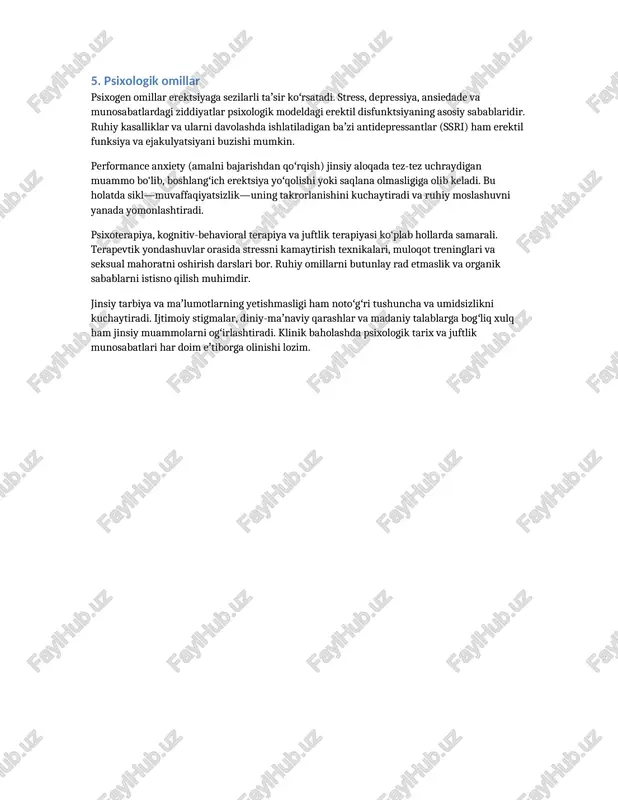 doppler ultrasonografiya qoʻllanadi. 7. erektil disfunktsiya: sabablari va davolash erektil disfunktsiya (ed) — rekurrent yoki doimiy ravishda erektsiyani hosil qila olmaslik yoki uni saqlay olmaslik holati sifatida taʼriflanadi. ed sabablarini organik, psixogen yoki aralash deb guruhlash mumkin. organik sabablar orasida ateroskleroz, diabet, gipertoniya, gormon buzilishlari va nevrologik kasalliklar yuqori oʻrin tutadi. psixogen ed ko‘pincha stress, depressiya, travma yoki psixoseksual nomuvofiqlik natijasida yuzaga keladi. shuningdek, atrof-muhit, munosabatlar va madaniy omillar ham rol oʻynaydi. aralash shakl — ikki turdagi omillarning kombinatsiyasi bilan tavsiflanadi. tashxis usullari: toʻliq anamnez, jismoniy tekshiruv, laborator tahlillar (testosteron, prolaktin, glyukoza, lipid profili), nocturnal penile tumescence testi, penile doppler usg va zarur bo‘lsa endokrinolog yoki nevrolog konsultatsiyalari. qoʻshimcha psixologik baholash xavfli omillarni aniqlashda foydali. davolash yondashuvlari: boshlangʻich — hayot tarzini oʻzgartirish (chekishni tashlash, vazn kamaytirish, jismoniy faollik), dori davolash (pde5 inhibitörlari), gormonal terapiya agar testosteron past boʻlsa, psixoterapiya va invaziv usullar (vakum qurilmalar, penil protez yoki intra-cavernozal inʼektsiyalar). har …