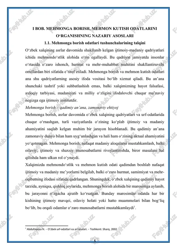 madaniyati, nafaqat ijtimoiy munosabatlar va qadriyatlar tizimi, balki ma’naviy tarbiyaning mustahkam poydevori sifatida ham qaraladi. ushbu an’ana oilada, jamiyatda, va hatto davlat miqyosida tarbiyaning kuchli vositasi sifatida ishlatiladi. ayniqsa, bolalar va yoshlar uchun bu odat ularga turli ijtimoiy va axloqiy ko‘nikmalarni o‘rgatish, ma’naviy qadriyatlarni singdirish, va milliy urf-odatlarga hurmatni oshirishda muhim rol o‘ynaydi[footnoteref:2]. [2: karimova m. – oila va jamiyatda axloqiy qadriyatlar. – toshkent: o‘zbekiston, 2011.] mehmonga borish jarayoni orqali bolalar odob-axloqni, katta-kichikka hurmatni, o‘zini tutish, navbat kutish kabi fazilatlarni o‘zlashtiradilar. ular o‘zaro muloqotda qanday hurmat ko‘rsatish, qanday munosabatda bo‘lish, boshqa odamlar bilan qanday yaxshi aloqada bo‘lishni o‘rganadilar. bu jarayon, ayniqsa, yosh bolalar uchun, ularning kelajakdagi ijtimoiy faoliyatlari, shaxsiy taraqqiyotlari va madaniy soha bilan bog‘liq rivojlanishlari uchun muhim ta’sir ko‘rsatadi. mehmonga borish bolalarni faqatgina madaniy xulq-atvor bilan tanishtiribgina qolmay, balki ularga etika va estetikani, o‘zaro hurmatni va mehr-oqibatni ham o‘rgatadi. shuningdek, bu an’ana orqali yoshlar kattalarning suhbatlaridan saboq olishadi, turli …