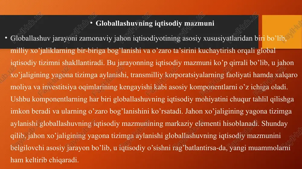 uqur tahlil qilamiz, dalillar va amaliy misollar bilan.globallashuvning ijobiy jihatlari orasida iqtisodiy o’sish birinchi o’rinda turadi. savdo va investitsiyalar oqimi orqali mamlakatlar resurslarni samarali taqsimlaydi, bu esa iim o’sishiga olib keladi o’zbekistonning xalqaro savdodagi o’rni va istiqbollari o’zbekiston markaziy osiyoning muhim iqtisodiy markazi sifatida xalqaro savdodagi o’rnini mustahkamlamoqda. 2025-yil holatiga ko’ra, mamlakatning savdo aylanmasi 60 milliard dollardan oshgan, bu esa iqtisodiy islohotlar natijasidir. ushbu bo’limda o’zbekistonning eksport-import siyosati va tashqi iqtisodiy aloqalari, jahon savdo tashkilotiga qo’shilish jarayoni hamda raqamli savdo va logistika tizimining rivojini chuqur tahlil qilamiz, dalillar va amaliy misollar bilan.eksport-import siyosati va tashqi iqtisodiy aloqalar o’zbekistonning xalqaro savdodagi asosiy ustuni bo’lib, mamlakat oltin, paxta va gaz eksportiga asoslangan. 2025-yilda oltin eksporti 6,5 milliard dollarga yetgan, bu esa umumiy eksportning 50 foizini tashkil etadi. importda esa mashinalar va texnologiyalar yetakchi. 2025-yilda savdo hajmi 1,3 milliard funtga yetgan, bu esa investitsiyalarni oshirgan. tashqi aloqalar esa aqsh va yevropa bilan mustahkamlanmoqda, …