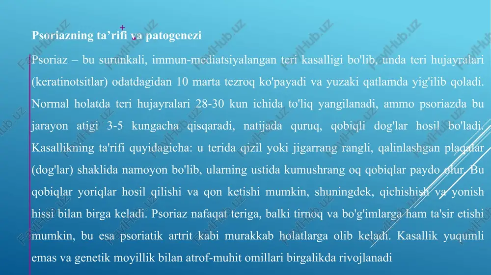 zanatini buzadi va infeksiyalarni keltirib chiqaradi. eta bosqichda lokal davolash bu jarayonni to'xtatadi va og'irlikni 60 foizga kamaytiradi.og'ir shakllarga o'tishning asosiy omillari orasida immun tizimining doimiy faollashuvi va tetiklovchilar (stress, infeksiyalar) bor. eta aniqlash psoriatik artritni – bo'g'im shikastlanishini – oldini oladi, chunki bu komplikatsiya psoriazning 30 foizida rivojlanadi va doimiy nogironlikka olib keladi. masalan, eta bosqichda nsaidlar yoki biologik dorilar bo'g'imlarning deformatsiyasini to'xtatadi. xulosa psoriaz diagnostikasi va eta aniqlashining ahamiyati kasallik bilan samarali kurashning asosiy poydevori hisoblanadi. klinik kuzatuv, laborator tahlillar va diferensial diagnostika orqali aniq tashxis qo'yish nafaqat simptomlarni nazorat qilishga, balki uzoq muddatli asoratlarni oldini olishga imkon beradi. eta aniqlash davolash samaradorligini oshirib, og'ir shakllarga o'tish xavfini kamaytiradi va hayot sifatini sezilarli darajada yaxshilaydi. tibbiyot amaliyotida bu yondashuvni keng joriy etish orqali bemorlarning salomatligini himoya qilish va jamiyat salomatligini mustahkamlash mumkin. kelajakda yangi diagnostik texnologiyalar (masalan, genetik testlar) bu jarayonni yanada takomillashtiradi va psoriaz bilan yashashni osonlashtiradi …