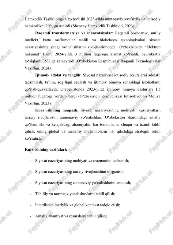 ish, fuqarolik jamiyatini rivojlantirish, shaffoflikni oshirish va xalqaro integratsiyani mustahkamlashda muhim vosita hisoblanadi. uning asosiy maqsadi – siyosiy voqelikni tahlil qilish, tizimlashtirish, mavjud tuzumlarning samaradorligini baholash, axloqiy va adolatli boshqaruv tamoyillarini ishlab chiqish va jamiyatning barqaror rivojlanishiga hissa qo‘shishdir. aristotelning ta’kidlashicha, “inson o‘z tabiatiga ko‘ra siyosiy mavjudot” bo‘lib, siyosat jamiyatdagi ijtimoiy munosabatlarning “siyosiylashgan” ko‘rinishi sifatida shakllanadi (aristotel, 1984). bu ta’rif siyosatning inson hayotidagi markaziy o‘rnini, uning ijtimoiy tuzumlar, madaniyat, iqtisod, axloq, huquq va texnologiya bilan uzviy bog‘liqligini ko‘rsatadi. siyosat nazariyasi quyidagi asosiy tushunchalarni o‘rganadi, ularning har biri jamiyatning siyosiy hayotini tushunish va rivojlantirishda muhim ahamiyatga ega[footnoteref:1]: [1: cotteret j.- m. gouvermants el gouvernes: la communication politique.-paris, 1973.- p.9.] · hokimiyat: siyosiy tuzumlarning asosiy elementi sifatida hokimiyat “o‘z irodasini boshqalarga o‘tkazish imkoniyati” sifatida ta’riflanadi (veber, 2008). maks veber hokimiyatning qonuniylik turlarini – an’anaviy, xarizmatik va oqilona-huquqiy deb ajratdi. hokimiyatning resurslari iqtisodiy (moliyaviy imkoniyatlar), huquqiy (qonunchilik), madaniy (qadriyatlar va an’analar), informatsion (ommaviy …