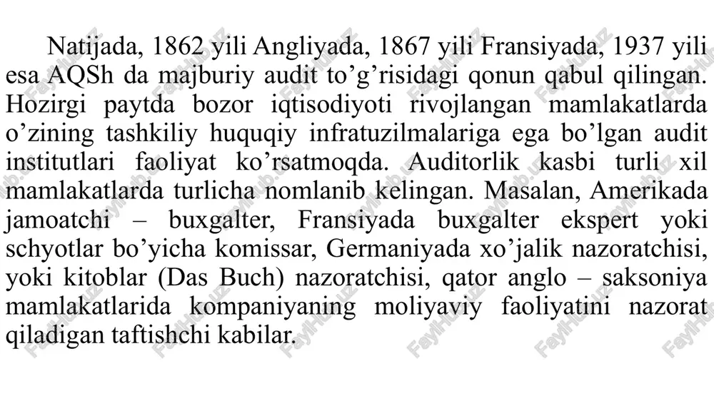 qoniqtirmasa, u qo’shimcha ma'lumotlar olishi mumkin. masalan, korxonaga ssuda berish bermaslik masalasini hal qilish uchun bankka umumiy audit natijalari yyetarli bo’lsa, ikkita korxonaning qo’shilishi masalasini hal qilish uchun kengroq ma'lumotlar zarur bo’ladi. bunday hollarda korporatsiyalar qo’shimcha audit o’tkazish uchun shaxsiy auditorlardan foydalanishi mumkin. prof. h. musaevning fikricha, “moliyaviy audit xo’jalik yurituvchi sub'ektlarning moliyaviy ko’rsatkichlarini tekshirishga qaratilgan. bunday audit ko’pgina hollarda ta'sischilar, investorlar va boshqa tashqi manfaatdorlarning buyurtmalari asosida o’tkaziladi. moliyaviy auditning asosiy maqsadi moliyaviy natijalarning haqqoniy, asosli ekanligi, moliyaviy hisobotning to’g’ri tuzilganligiga baho berishdan iborat”13 . b.q. hamdamov o’zining “audit iqtisodi” monografiyasida auditorlarni quyidagi guruhlarga ajratadi: “rivojlangan mamlakatlarda auditorlar asosan to’rtta guruhga ajratiladi. masalan, aqsh da bularga bosh hisob xizmati auditorlari, soliq inspektorlari, ichki xo’jalik auditorlari va xolis buxgalterlar kiradi. 2.4. auditor va mijoz o’rtasidagi o’zaro aloqalar malakali auditorning asosiy sifatlaridan biri - jamiyat oldida o’z mas'uliyatini his etishdir. shuning uchun auditorlar barcha auditorlik xizmatlarini ko’rsatishda mijoz bilan o’zaro munosabatlarni …