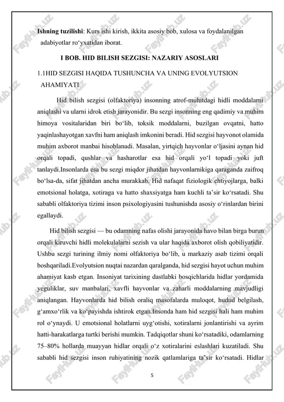 rinishidir (masalan, ona bolasining hidini, sevishganlar bir-birining tabiiy hidini tanib oladi). psixologlar fikricha, hidlar inson kayfiyatini o‘zgartirishi, hatto ularning fikrlash jarayoniga ta’sir qilishi mumkin. masalan, yoqimli hidli xona odatda insonni bo‘shashtiradi, ijobiy emotsiyalar uyg‘otadi va stressni kamaytiradi. aynan shu xususiyatlar tufayli aromaterapiya, psixologik muolajalar, hatto reklama va marketingda ham hidlardan faol foydalaniladi.hid sezgisining psixologik mohiyati shundan iboratki, u insonning ongi, hissiyoti, eslash qobiliyati va ijtimoiy munosabatlariga bevosita ta’sir etadi. u faqat jismoniy sezgi emas, balki ong osti orqali shaxsiyatga, qarashlarga va xulq-atvorga ta’sir qiluvchi kuchli vositadir. hid sezgisi — kimyoviy sezgilar turkumiga kiradi va bu sezgi orqali havo yoki suyuqlikdagi molekulalarning maxsus retseptorlarga ta’siri orqali sezgi paydo bo‘ladi. ushbu sezgi burun bo‘shlig‘ida joylashgan epiteliyalar yordamida seziladi va bu signal asab tolalari orqali miya po‘stlog‘ining olfaktor korteksi, limbik tizim va hipokamp kabi tuzilmalariga uzatiladi. shuning uchun hidlar bevosita xotira, kayfiyat va hissiyotlarga ta’sir etadi (kagan, 2010; vasilenko, 2014).mashhur tadqiqotlardan birida (herz …